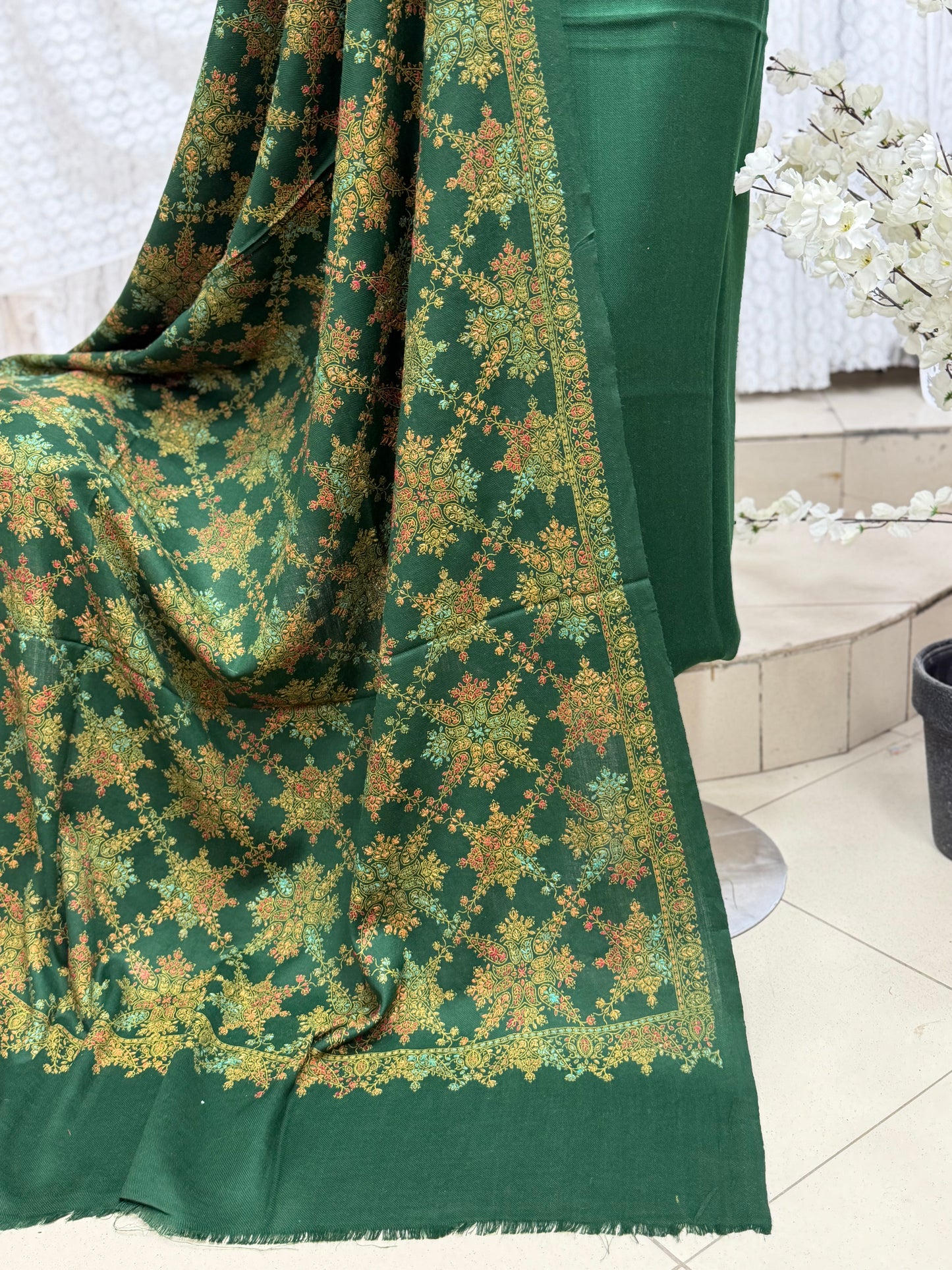 Pashmina 3 Piece Suit | Hand Embroidered Shawl with Plain Suit | Dark Green