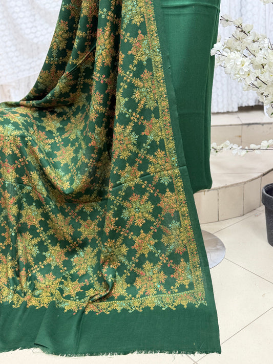 Pashmina 3 Piece Suit | Hand Embroidered Shawl with Plain Suit | Dark Green
