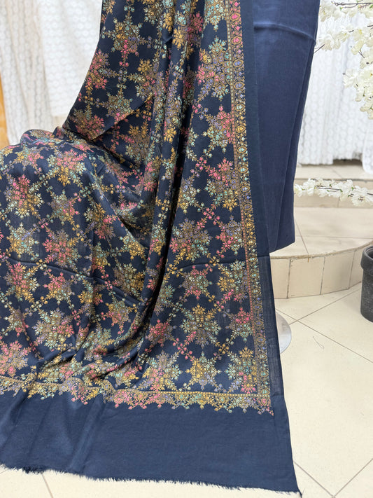 Pashmina 3 Piece Suit | Hand Embroidered Shawl with Plain Suit | Navy Blue