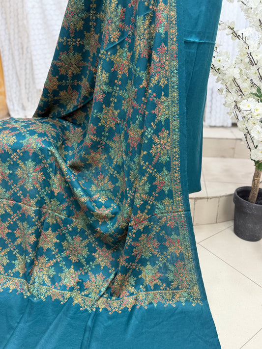 Pashmina 3 Piece Suit | Hand Embroidered Shawl with Plain Suit | Zinc