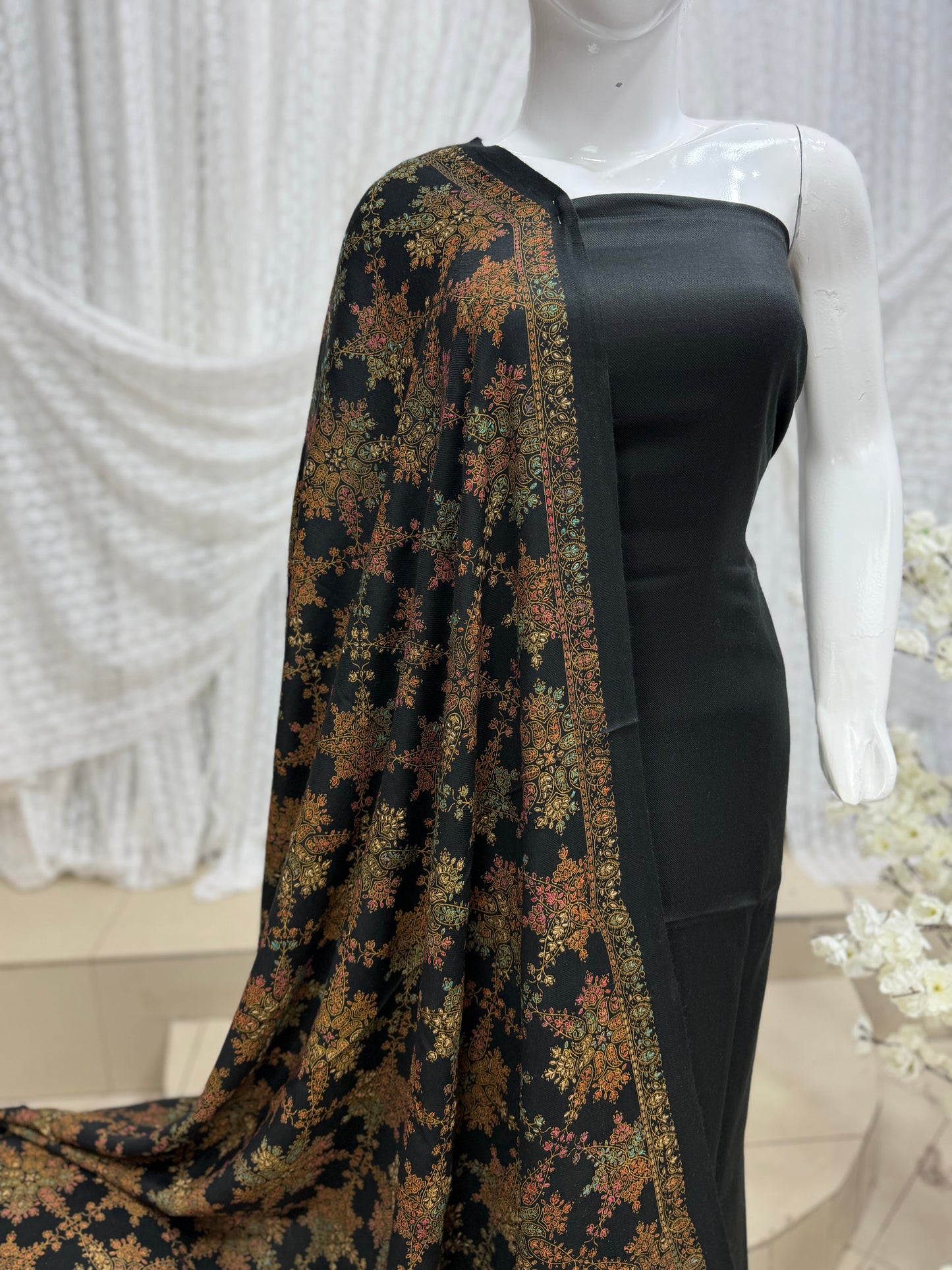 Pashmina 3 Piece Suit | Hand Embroidered Shawl with Plain Suit | Black