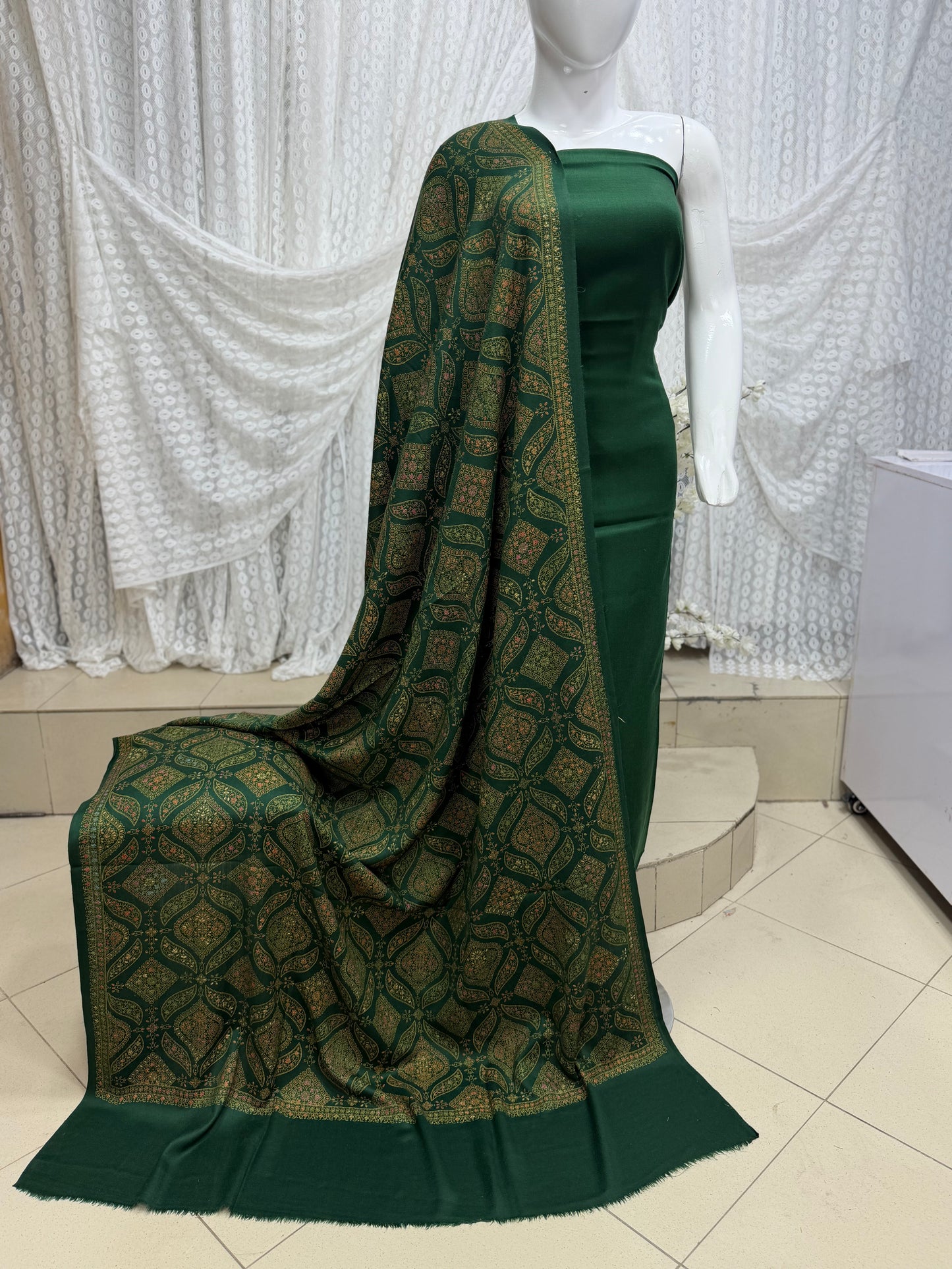 Pashmina 3 Piece Suit | Hand Embroidered Shawl with Plain Suit | Green