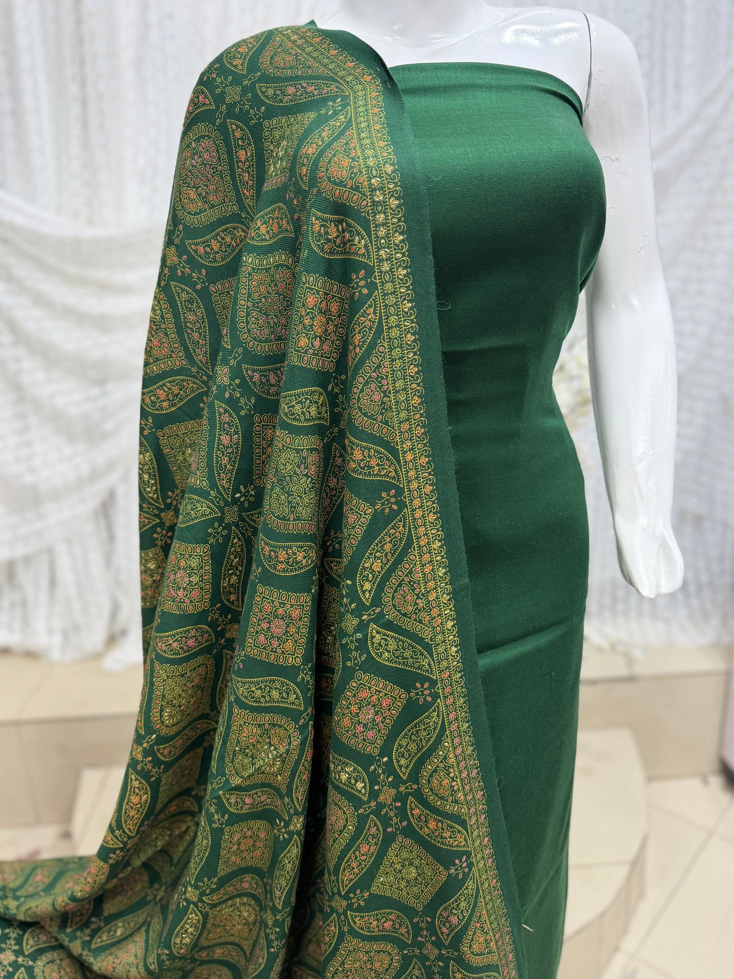 Pashmina 3 Piece Suit | Hand Embroidered Shawl with Plain Suit | Green