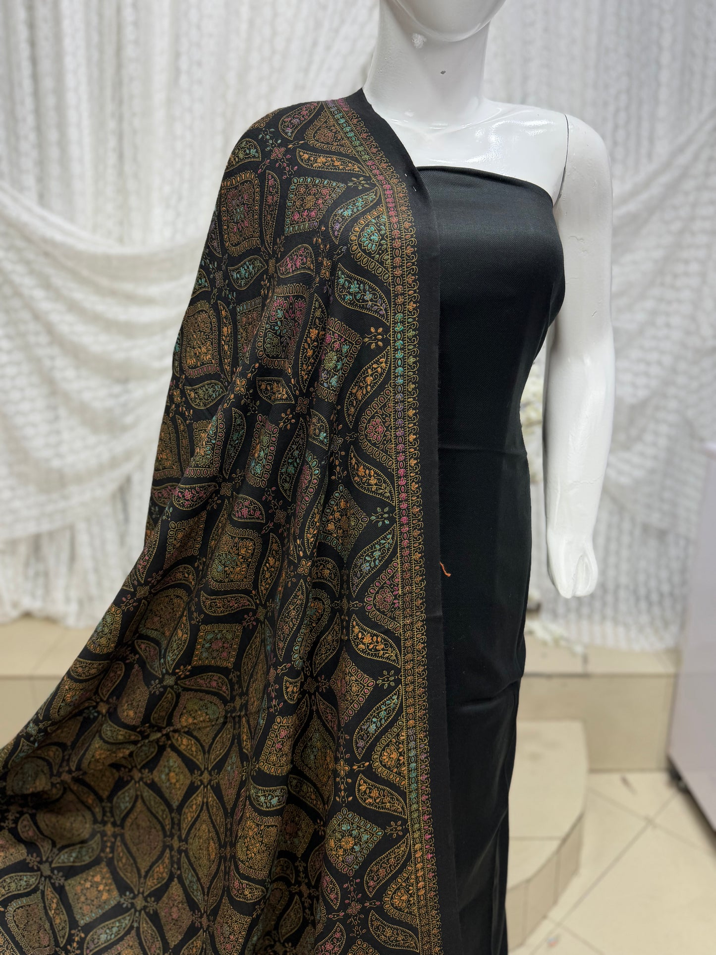 Pashmina 3 Piece Suit | Hand Embroidered Shawl with Plain Suit | Black