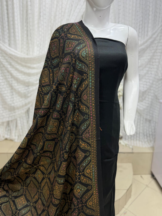 Pashmina 3 Piece Suit | Hand Embroidered Shawl with Plain Suit | Black