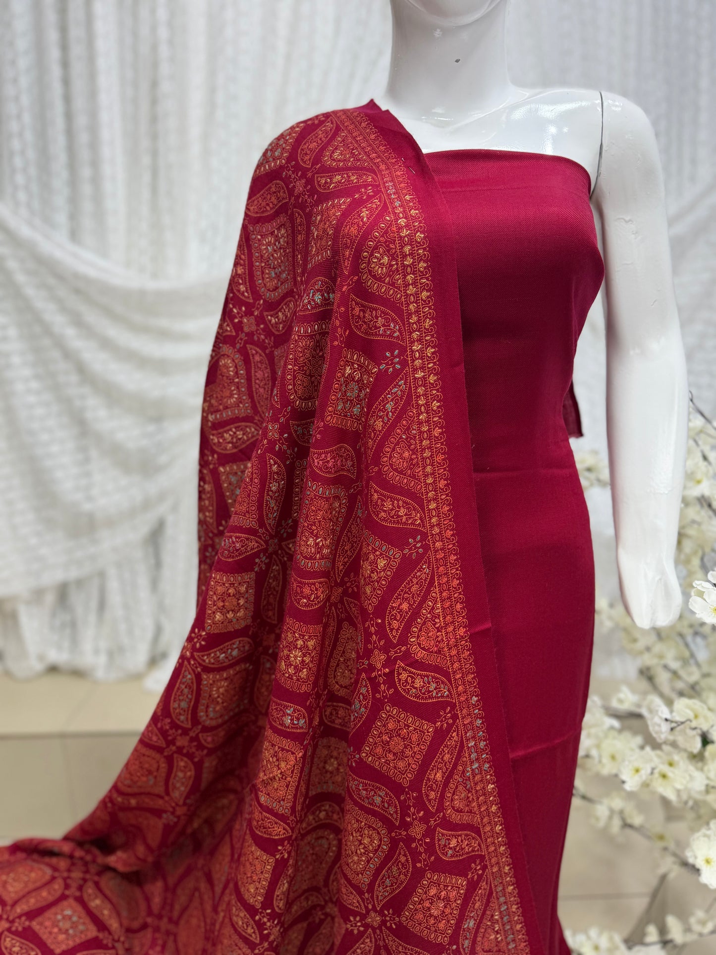 Pashmina 3 Piece Suit | Hand Embroidered Shawl with Plain Suit | Maroon