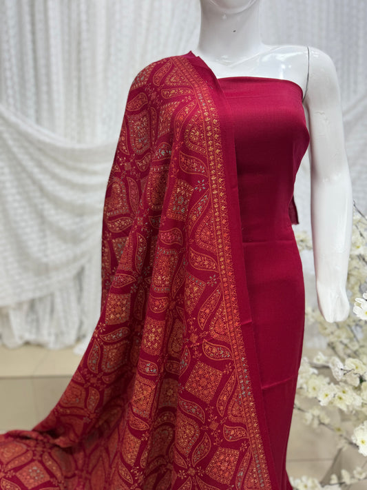 Pashmina 3 Piece Suit | Hand Embroidered Shawl with Plain Suit | Maroon