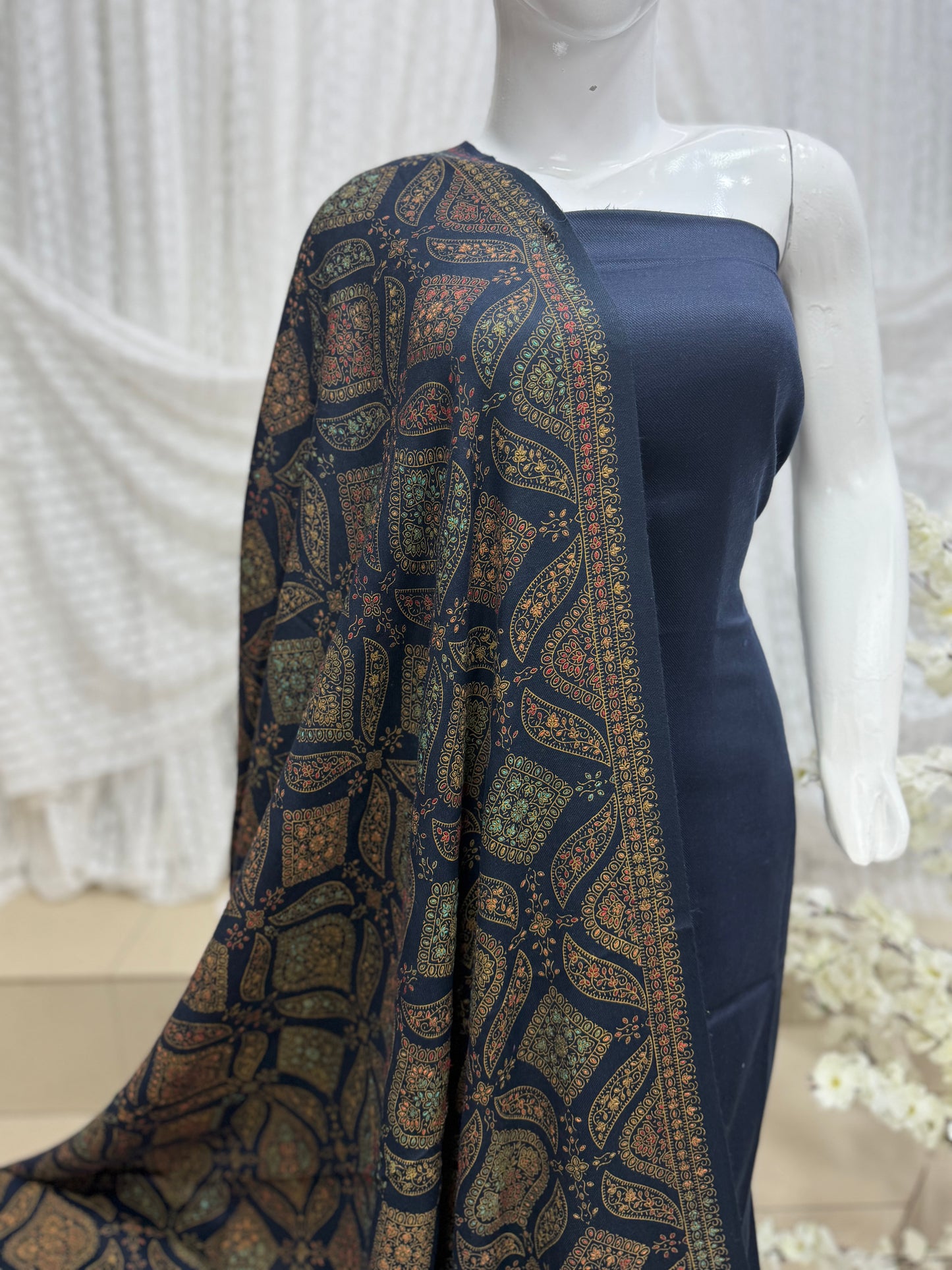 Pashmina 3 Piece Suit | Hand Embroidered Shawl with Plain Suit | Navy Blue