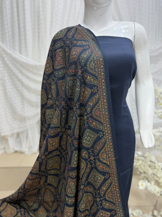 Pashmina 3 Piece Suit | Hand Embroidered Shawl with Plain Suit | Navy Blue