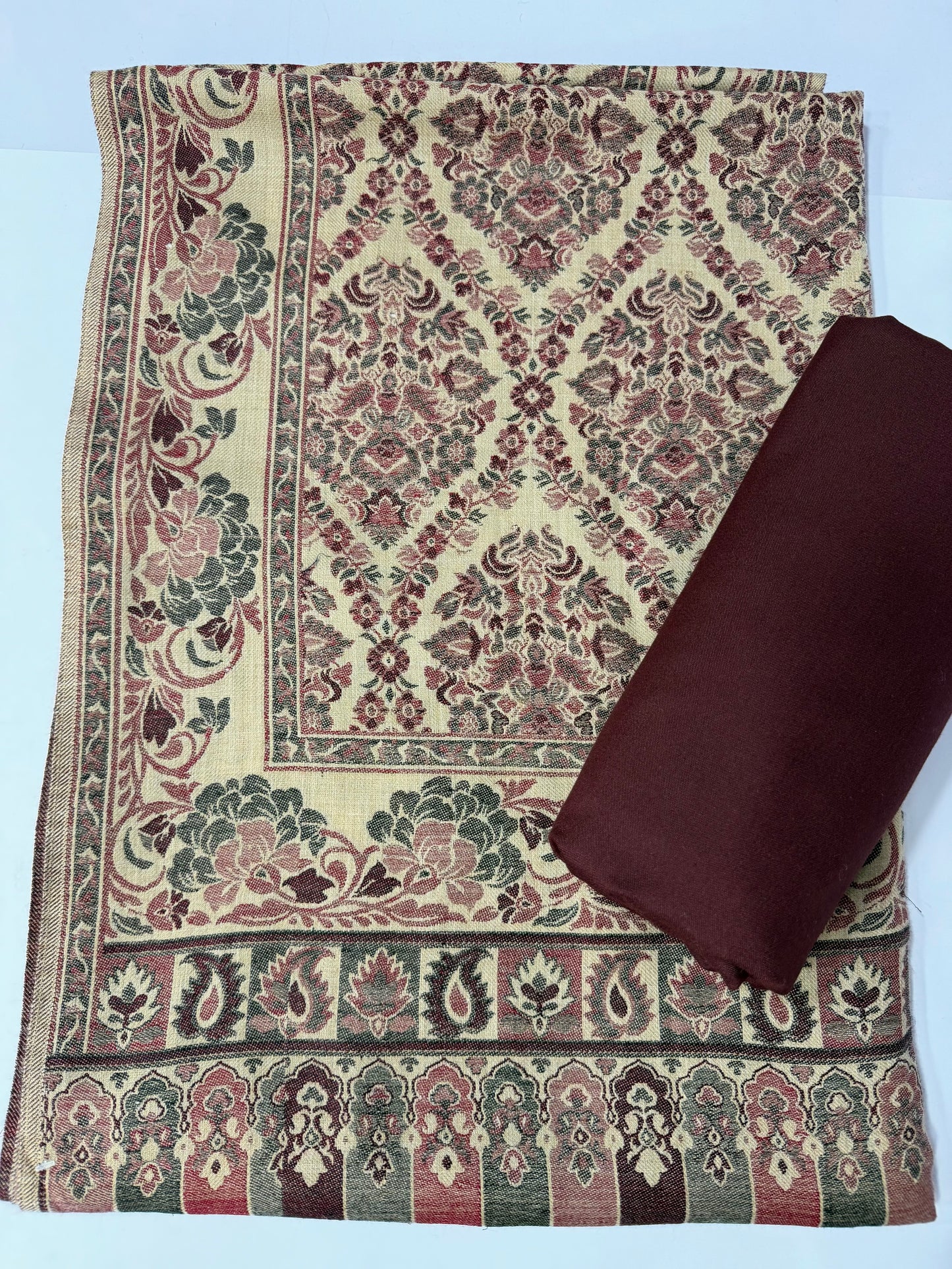 3 Piece Kani Shawl Suit | Plain Marina Suit With Kani Pashmina Shawl Perfect Gift | Dark Maroon