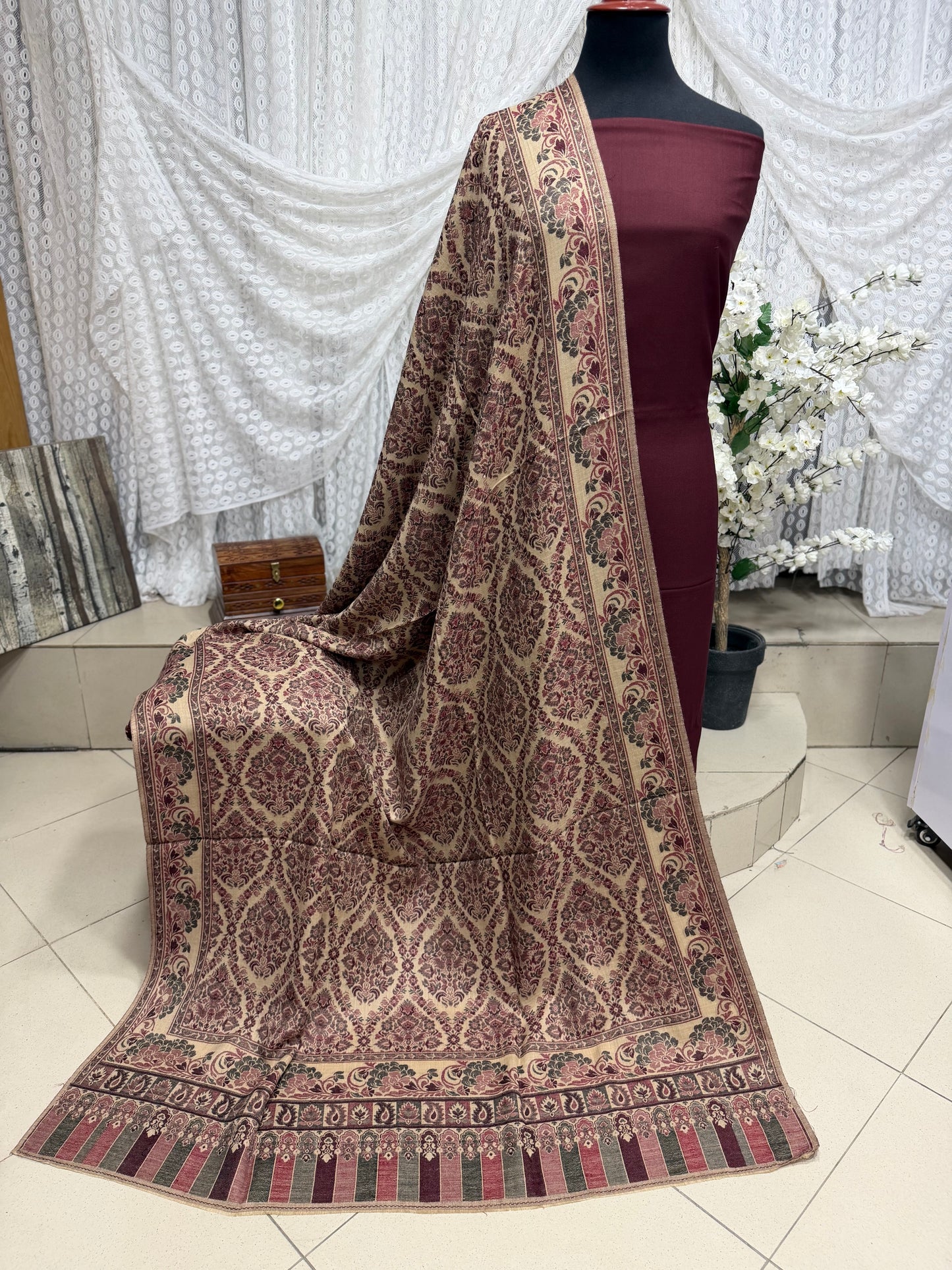 3 Piece Kani Shawl Suit | Plain Marina Suit With Kani Pashmina Shawl Perfect Gift | Dark Maroon