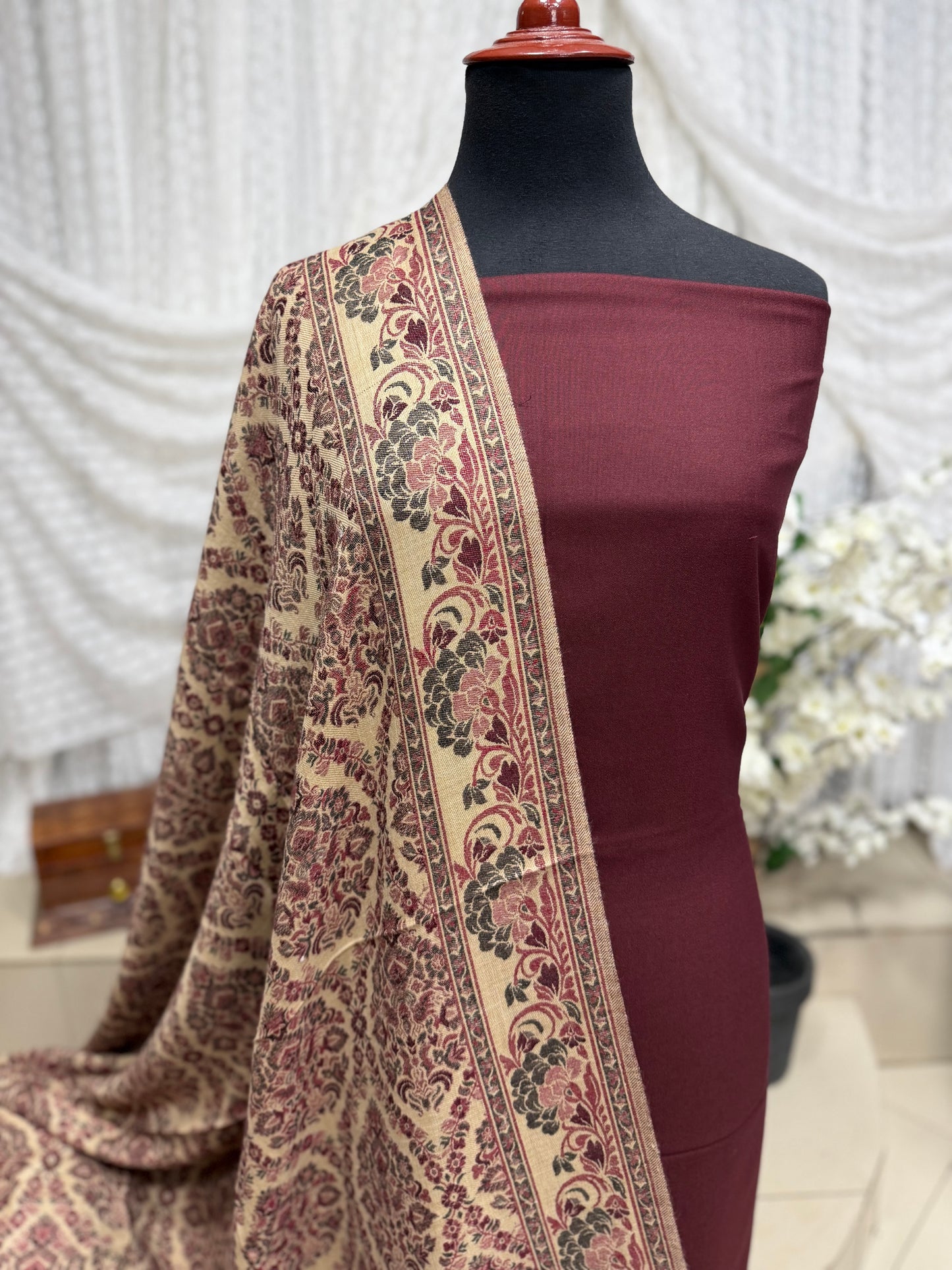 3 Piece Kani Shawl Suit | Plain Marina Suit With Kani Pashmina Shawl Perfect Gift | Dark Maroon