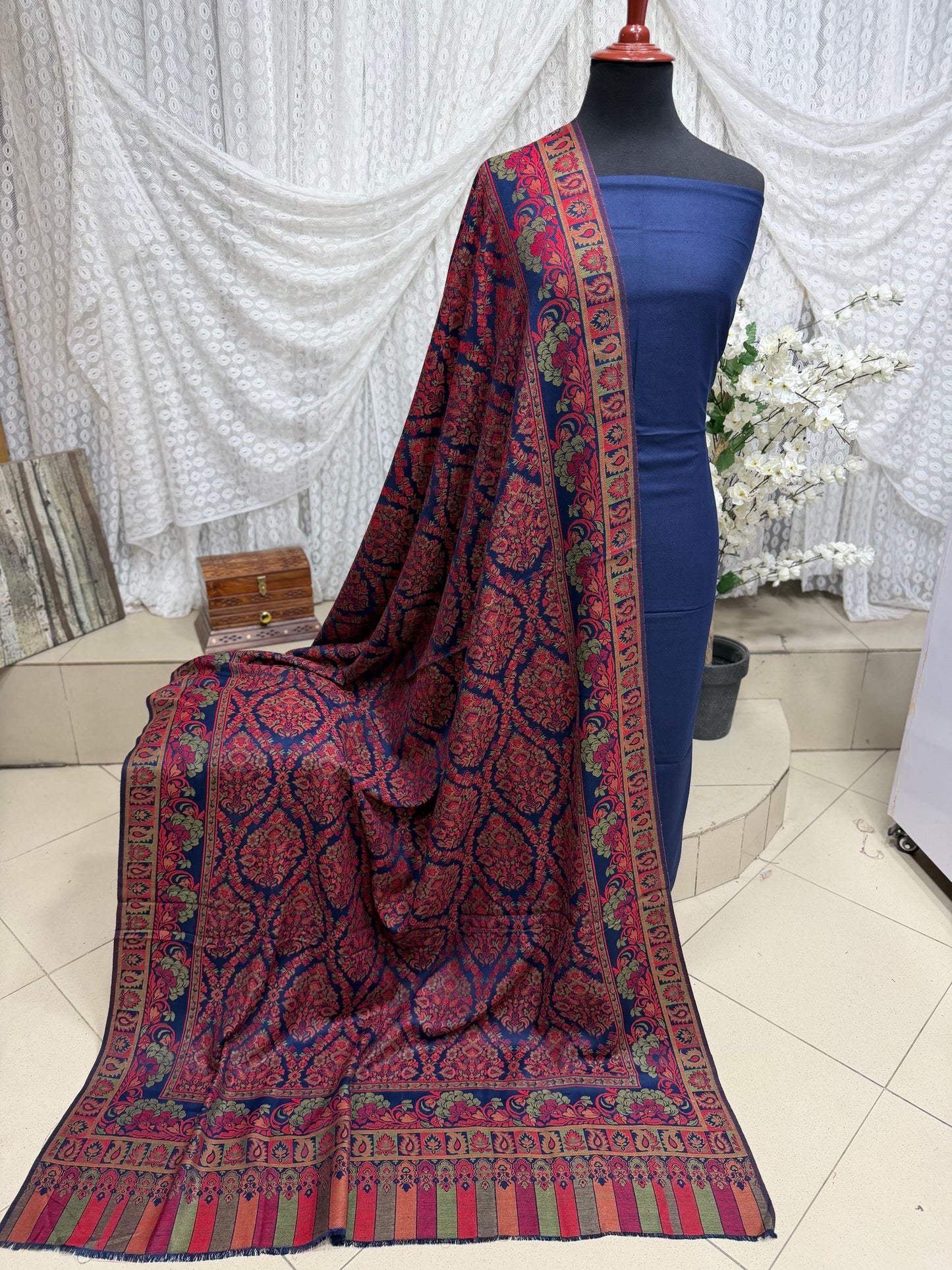 3 Piece Kani Shawl Suit | Plain Marina Suit With Kani Pashmina Shawl Perfect Gift | Blue