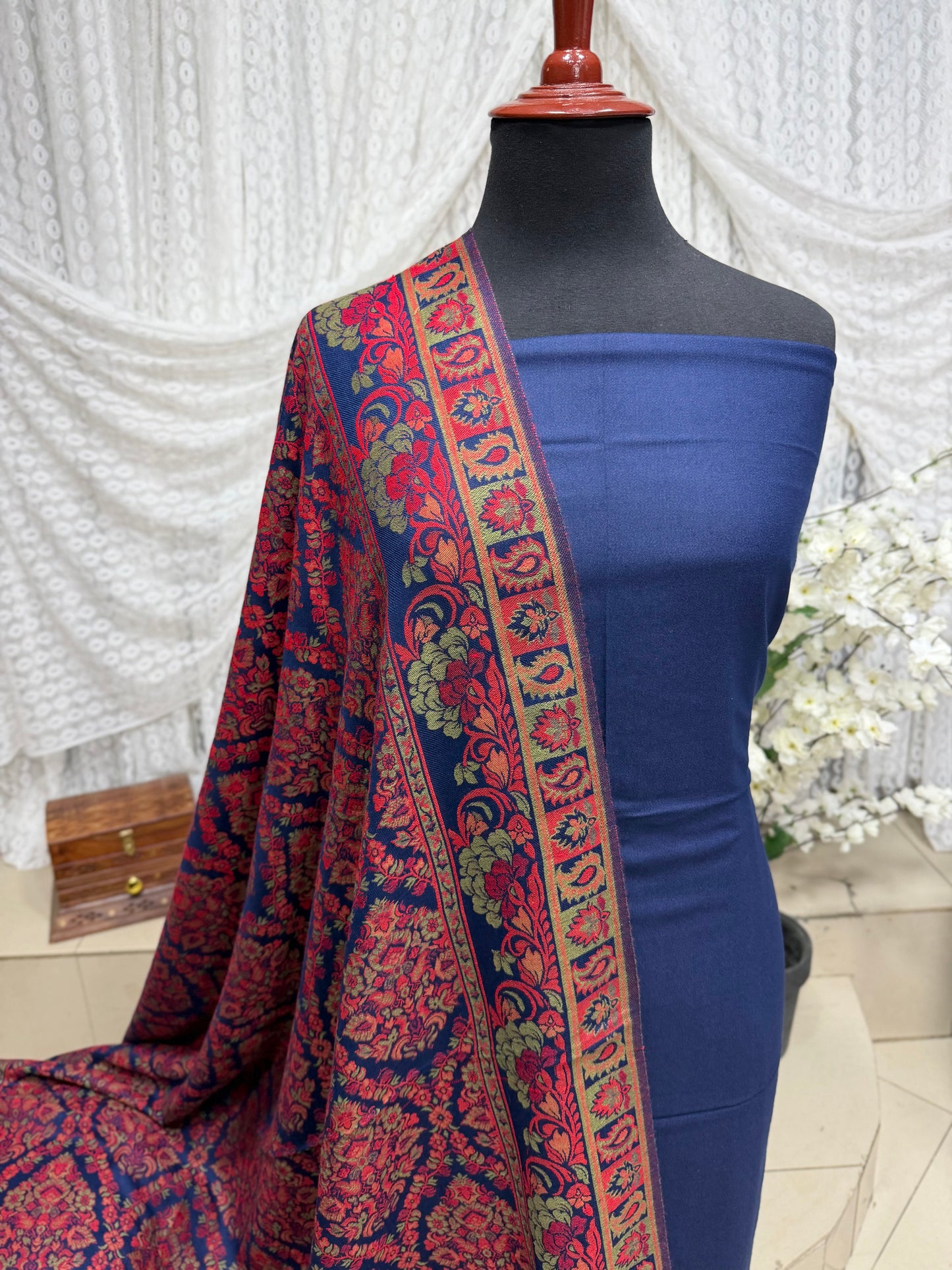 3 Piece Kani Shawl Suit | Plain Marina Suit With Kani Pashmina Shawl Perfect Gift | Blue