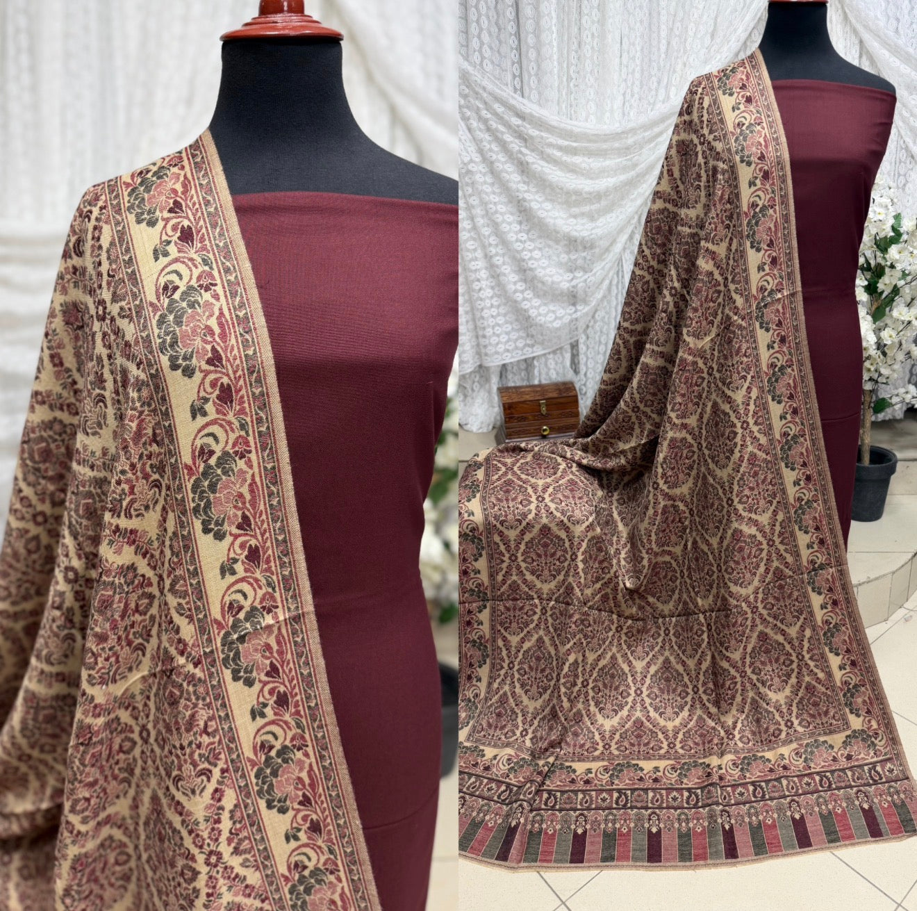 3 Piece Kani Shawl Suit | Plain Marina Suit With Kani Pashmina Shawl Perfect Gift | Dark Maroon