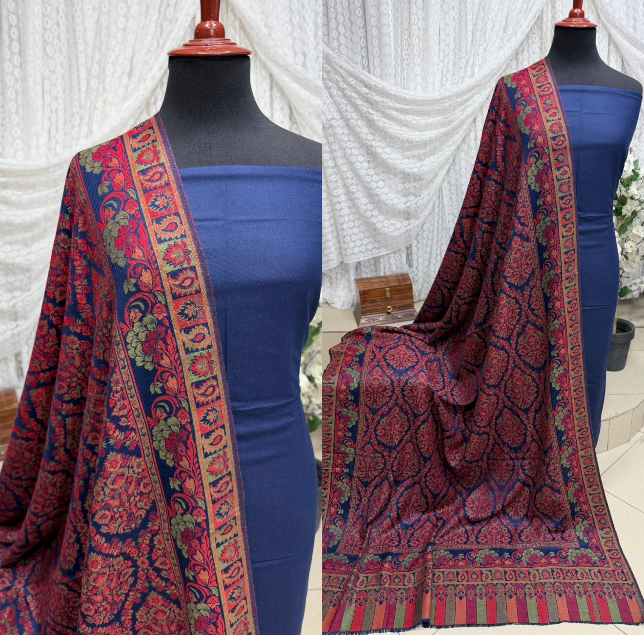 3 Piece Kani Shawl Suit | Plain Marina Suit With Kani Pashmina Shawl Perfect Gift | Blue
