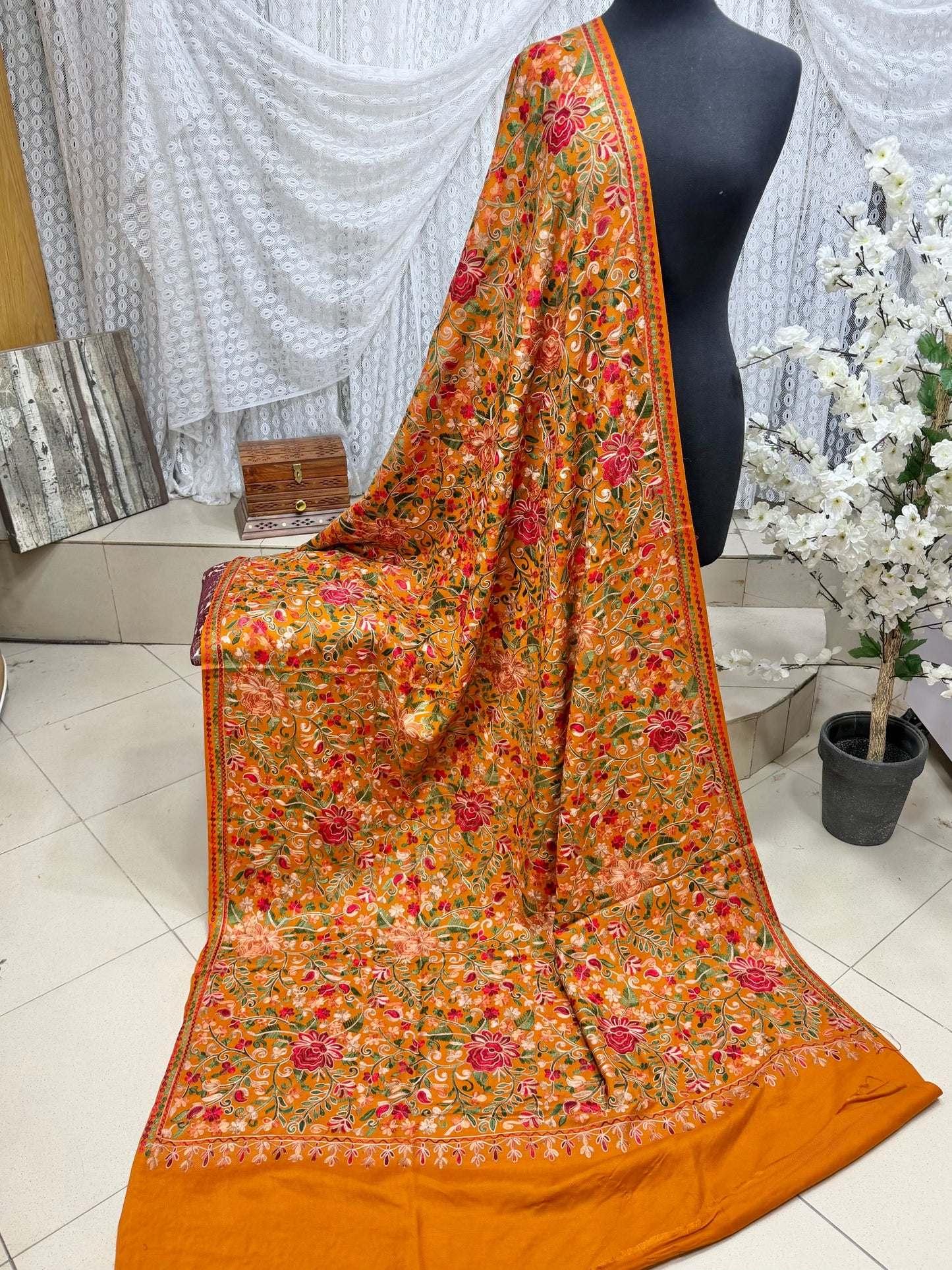 Pashmina Shawl Full Size | Kashmiri Embroidery | Rust