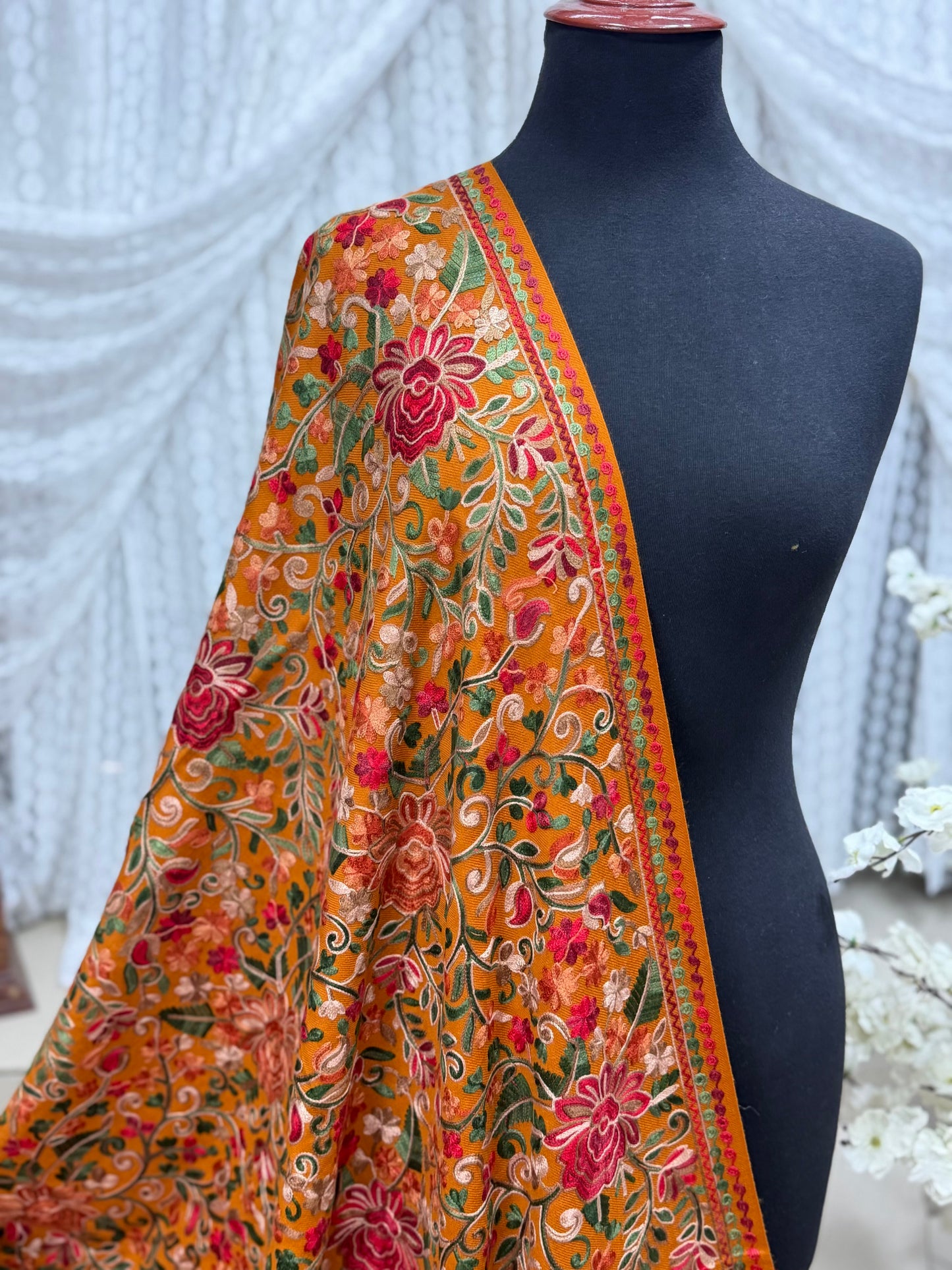 Pashmina Shawl Full Size | Kashmiri Embroidery | Rust