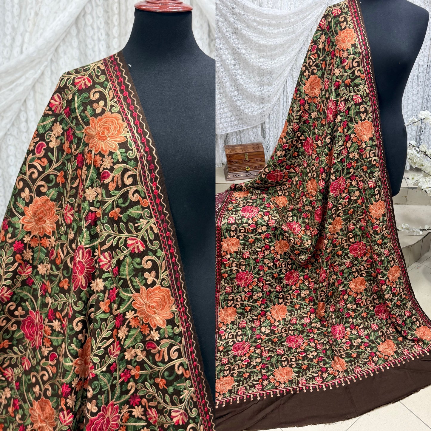 Pashmina Shawl Full Size | Kashmiri Embroidery | Dark Brown