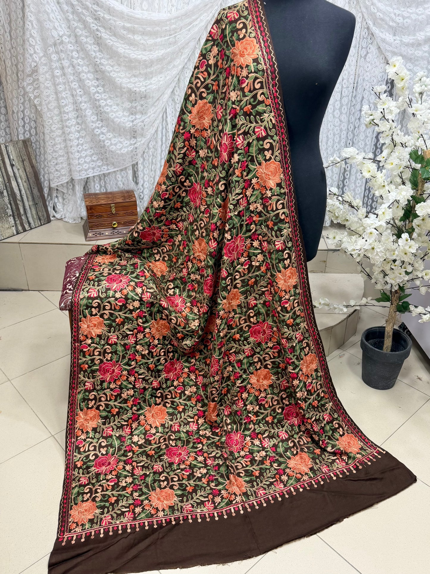 Pashmina Shawl Full Size | Kashmiri Embroidery | Dark Brown