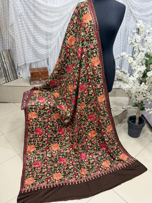 Pashmina Shawl Full Size | Kashmiri Embroidery | Dark Brown