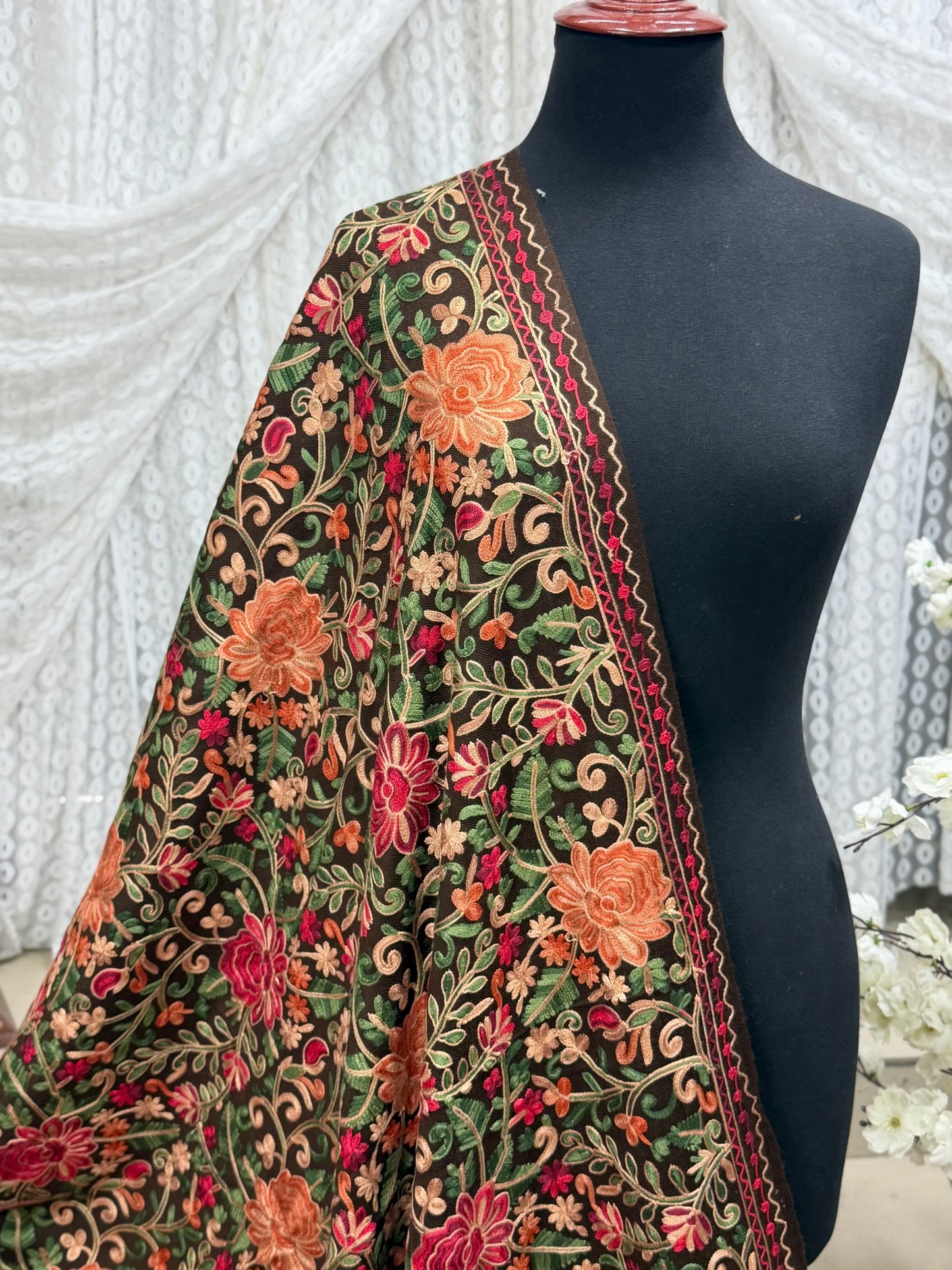 Pashmina Shawl Full Size | Kashmiri Embroidery | Dark Brown