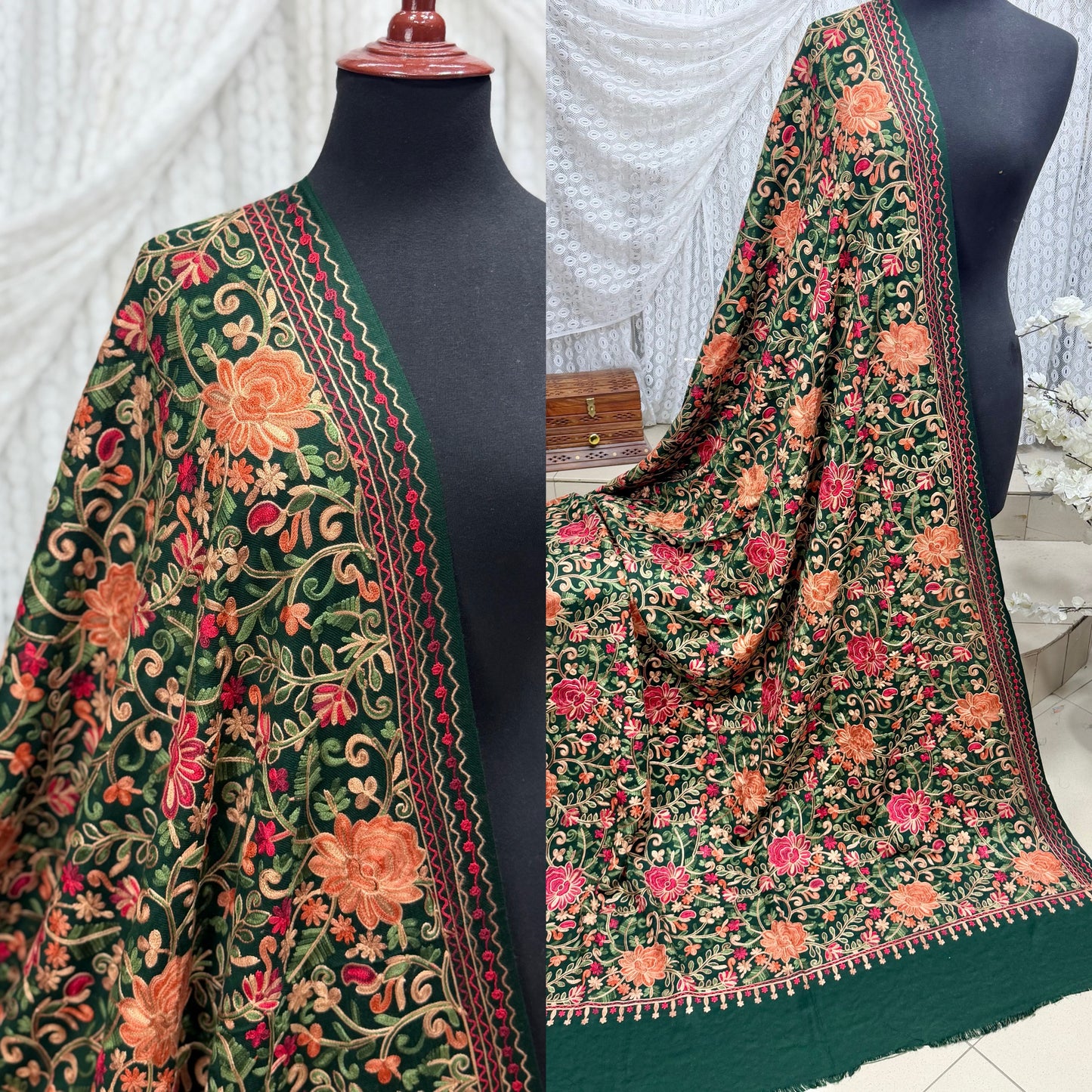 Pashmina Shawl Full Size | Kashmiri Embroidery | Dark Green
