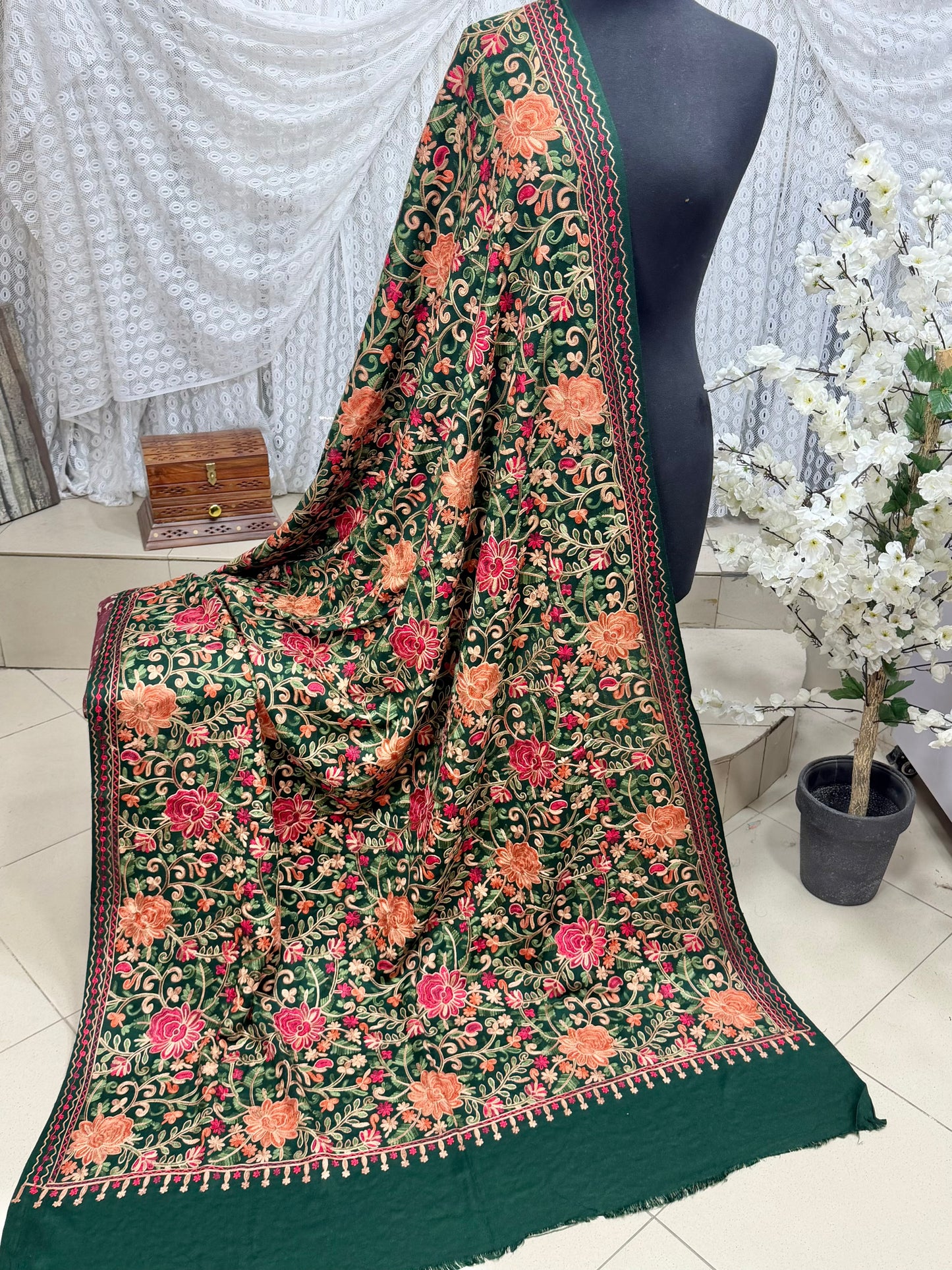 Pashmina Shawl Full Size | Kashmiri Embroidery | Dark Green