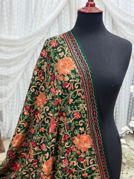 Pashmina Shawl Full Size | Kashmiri Embroidery | Dark Green