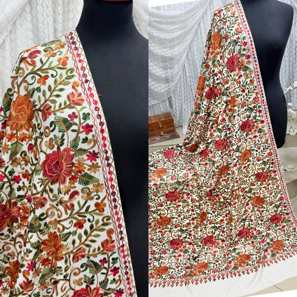 Pashmina Shawl Full Size | Kashmiri Embroidery | Off White