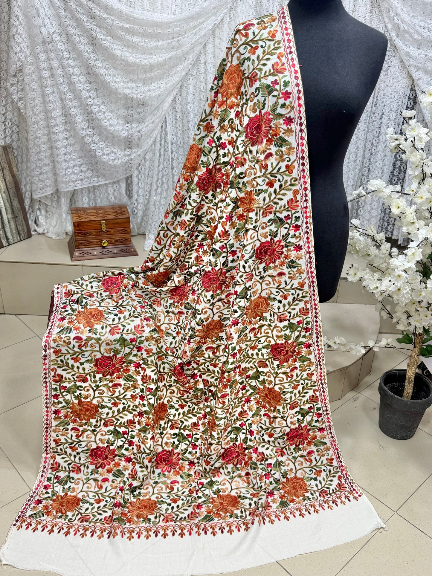 Pashmina Shawl Full Size | Kashmiri Embroidery | Off White