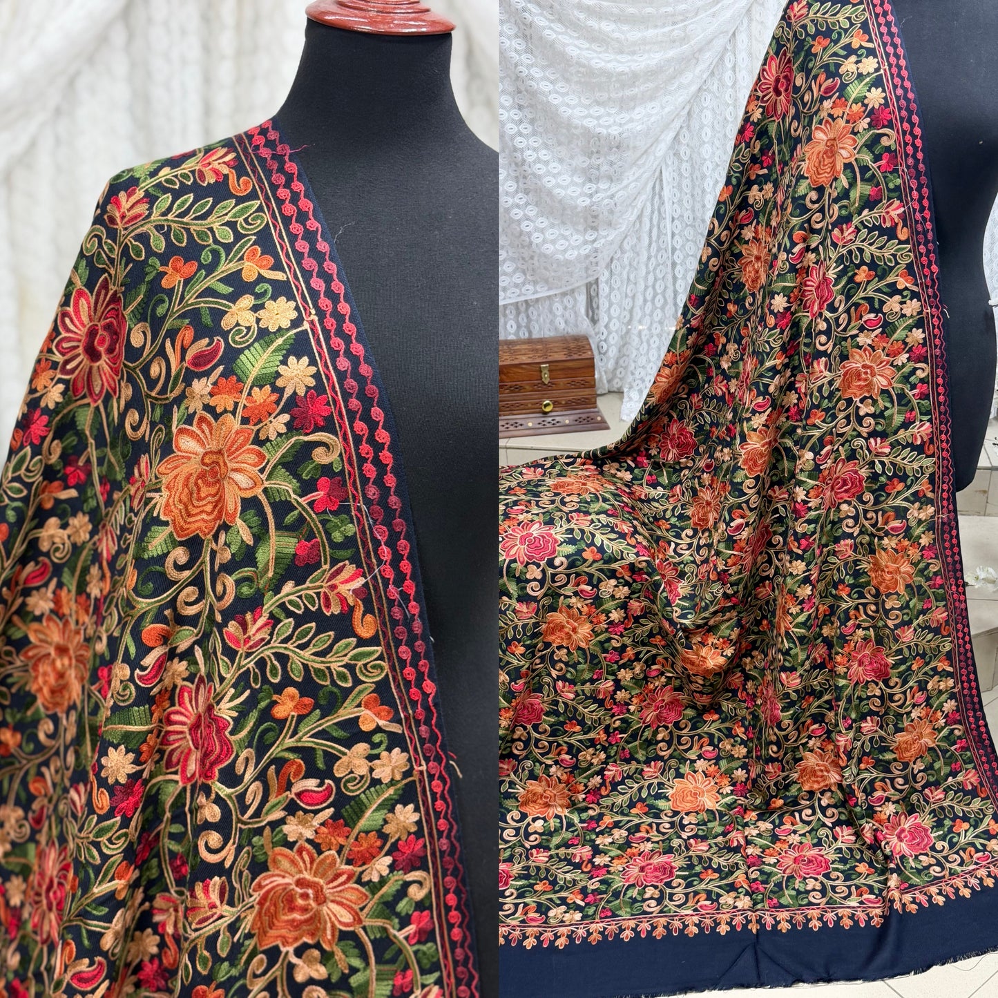 Pashmina Shawl Full Size | Kashmiri Embroidery | Navy Blue