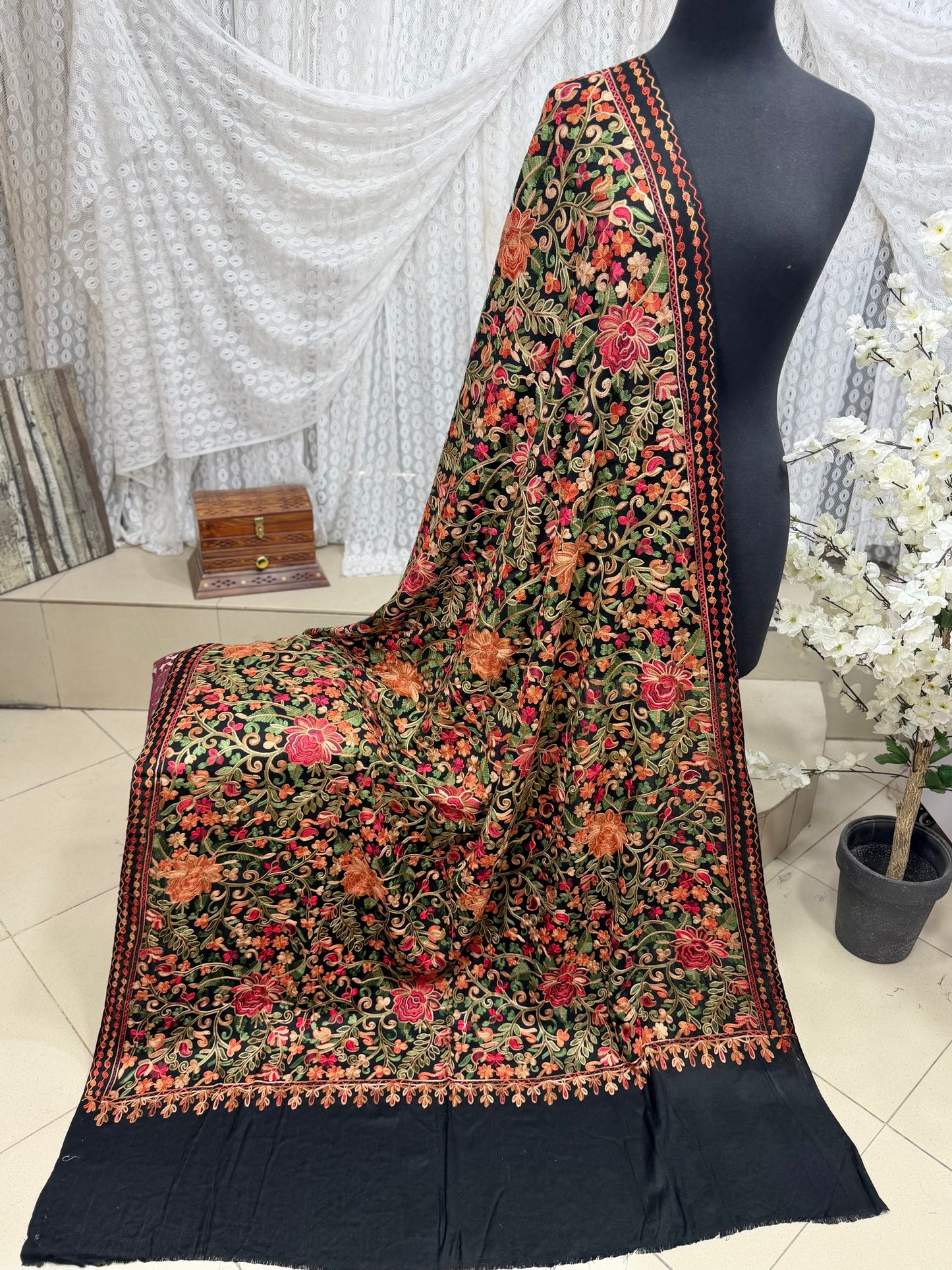 Pashmina Shawl Full Size | Kashmiri Embroidery | Black