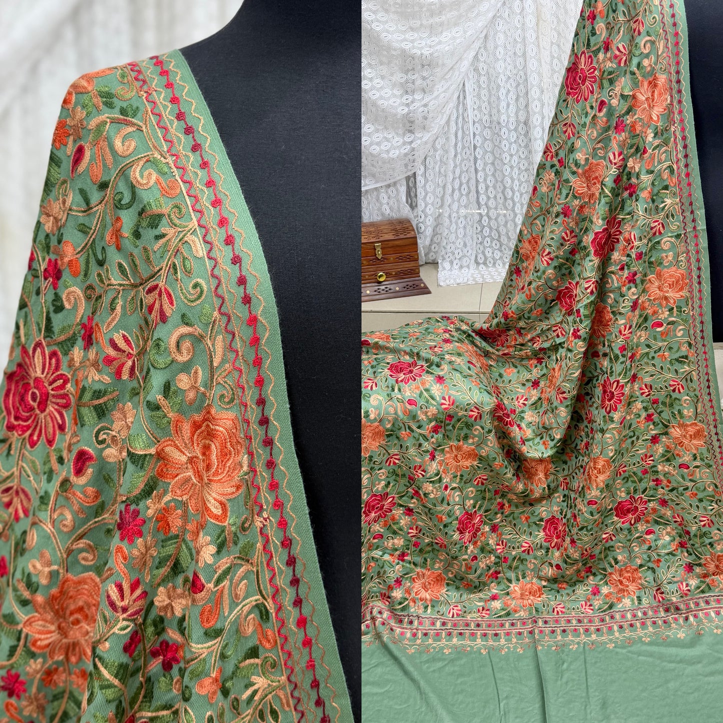 Pashmina Shawl Full Size | Kashmiri Embroidery | Pista Green