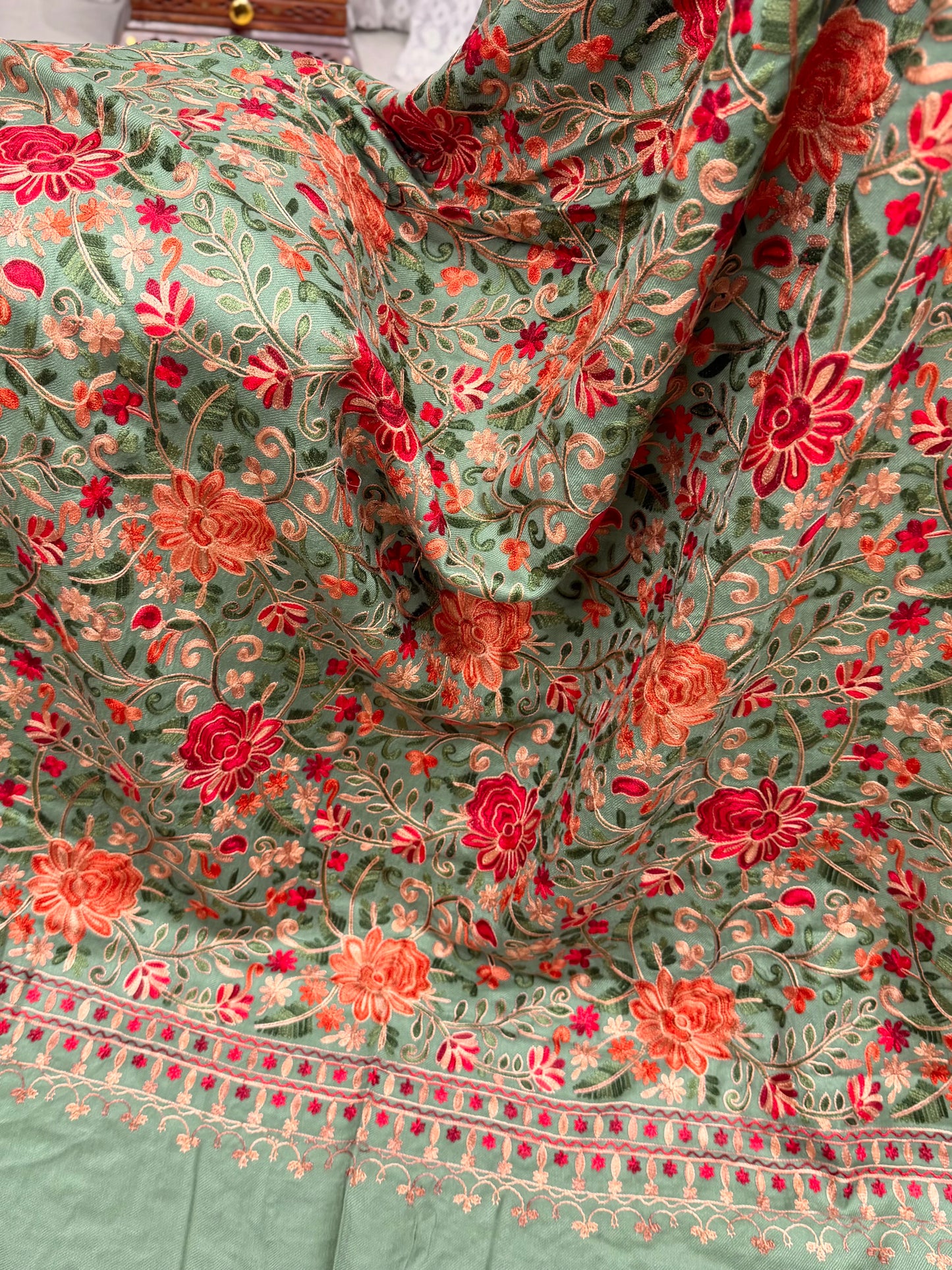 Pashmina Shawl Full Size | Kashmiri Embroidery | Pista Green