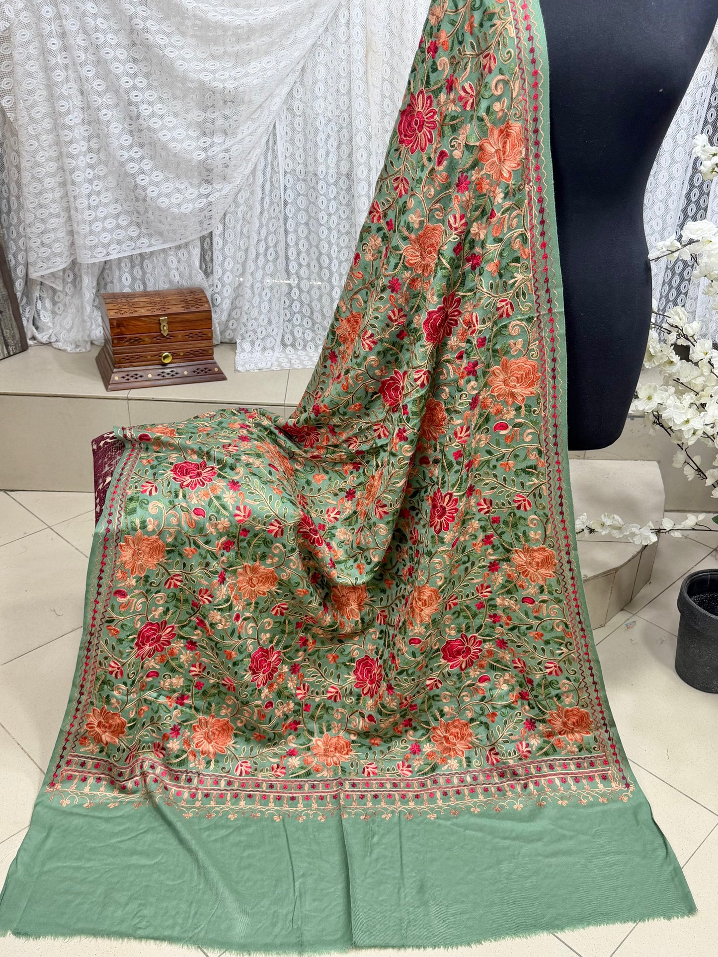 Pashmina Shawl Full Size | Kashmiri Embroidery | Pista Green
