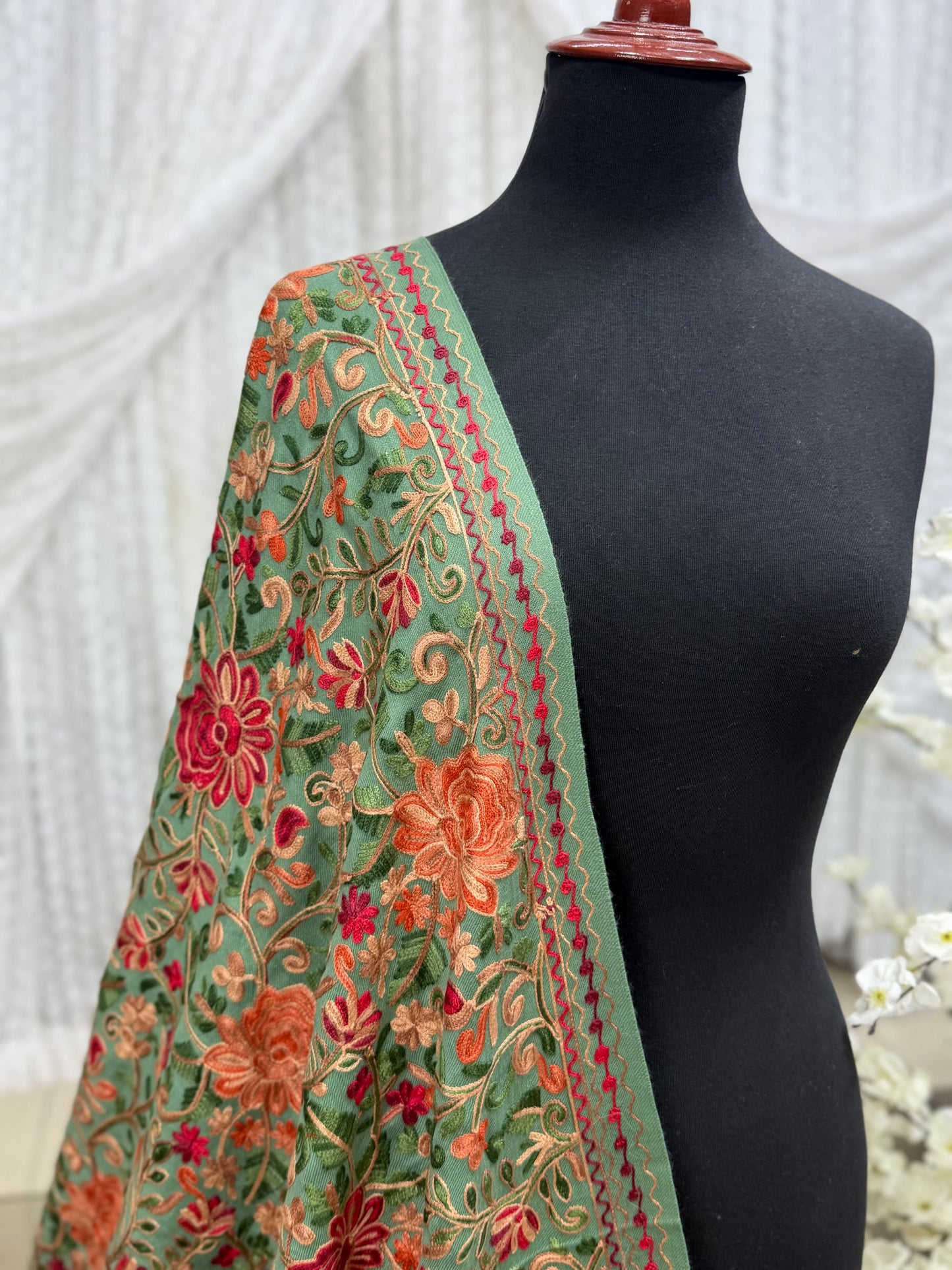 Pashmina Shawl Full Size | Kashmiri Embroidery | Pista Green