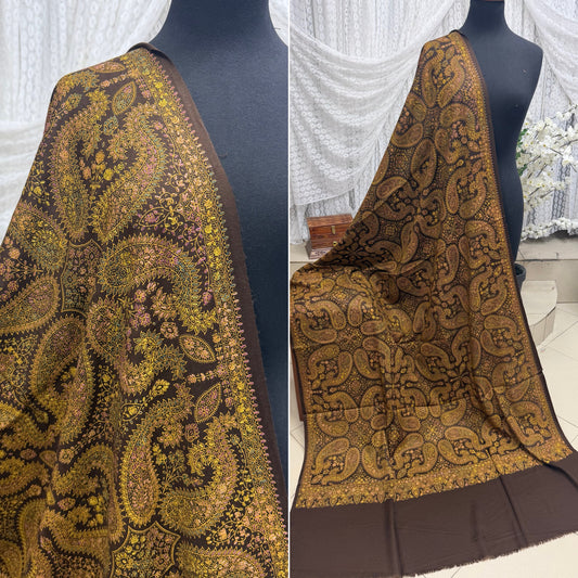 Pashmina Shawl | Hand Embroidery on Print Beautiful Shawl | Chocolate Brown