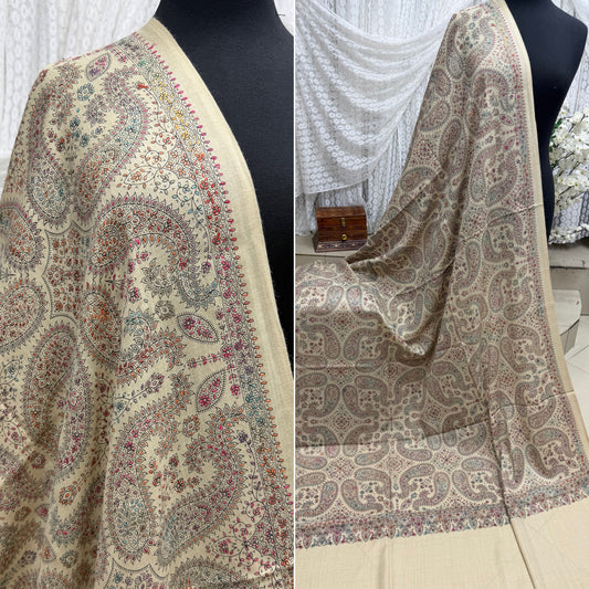 Pashmina Shawl | Hand Embroidery on Print Beautiful Shawl | Light Skin