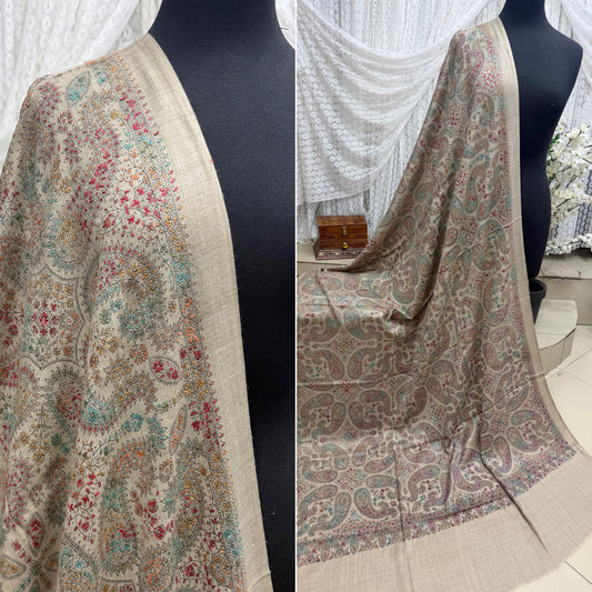 Pashmina Shawl | Hand Embroidery on Print Beautiful Shawl | Skin Grey