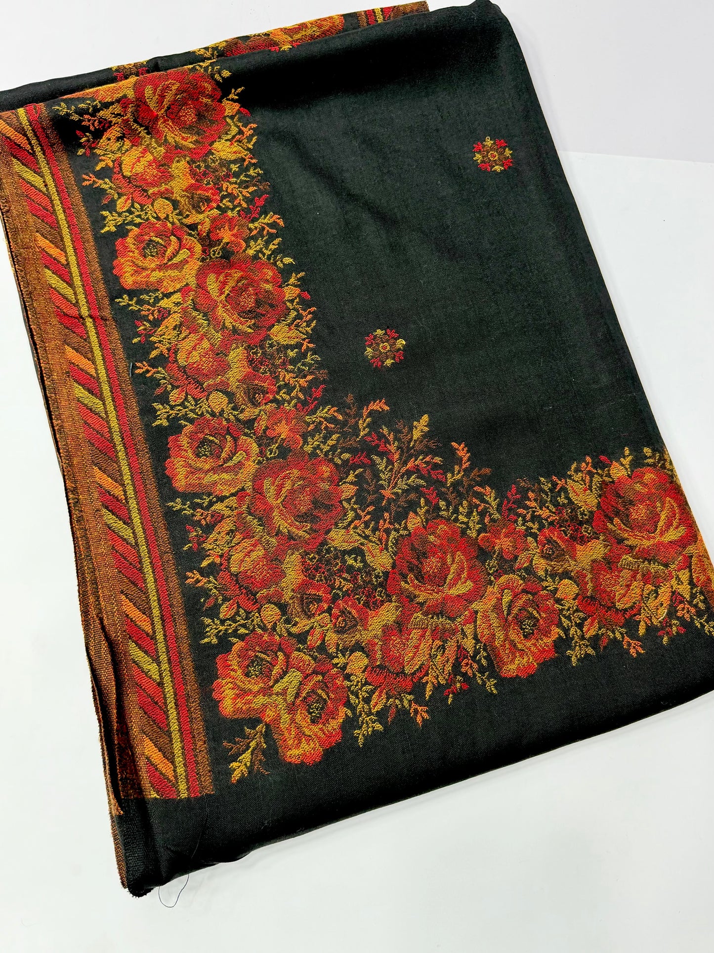 Pashmina Wool Kani Border Shawl in Full Size Gulabkar Border | Black New
