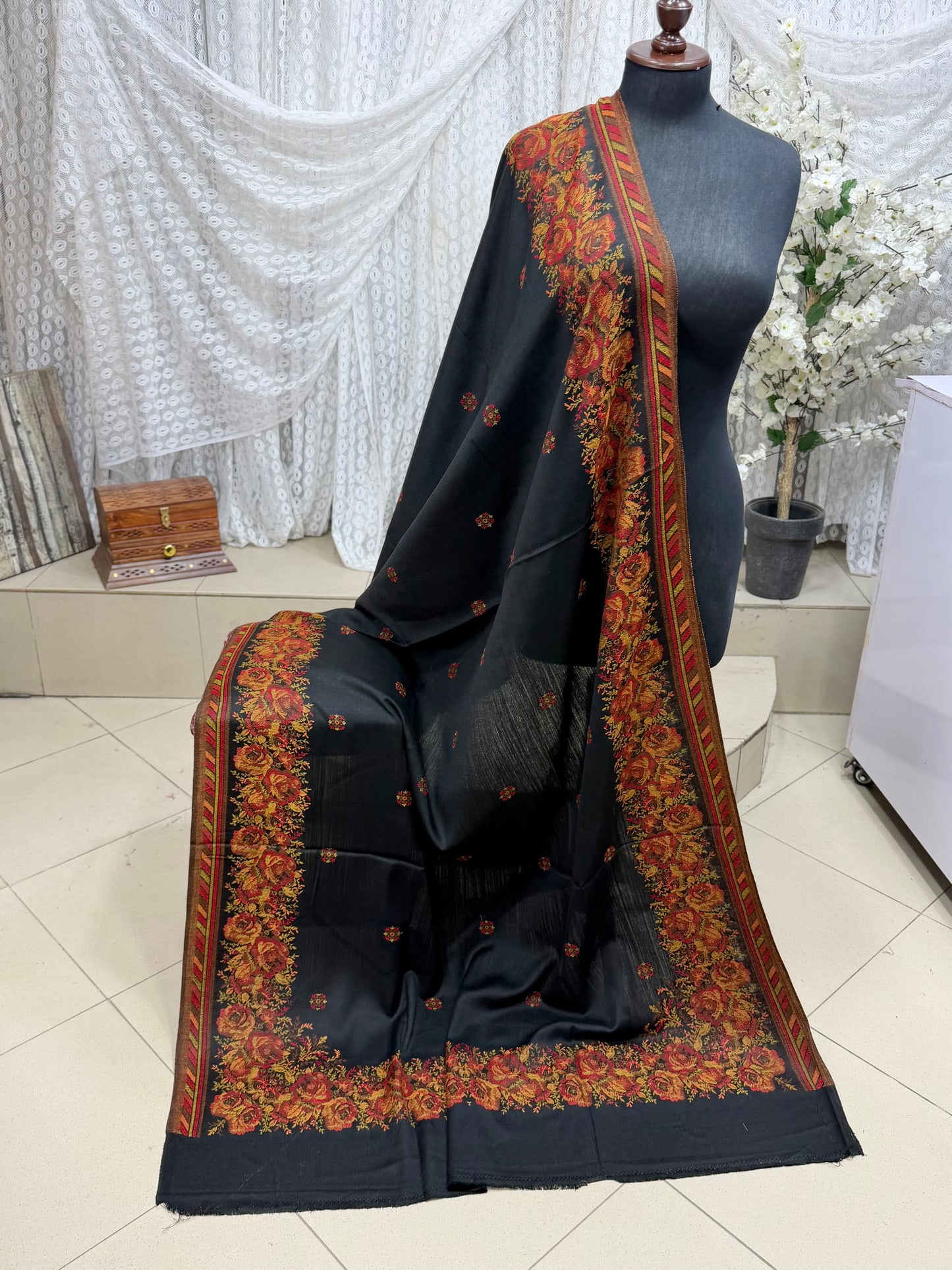 Pashmina Wool Kani Border Shawl in Full Size Gulabkar Border | Black New