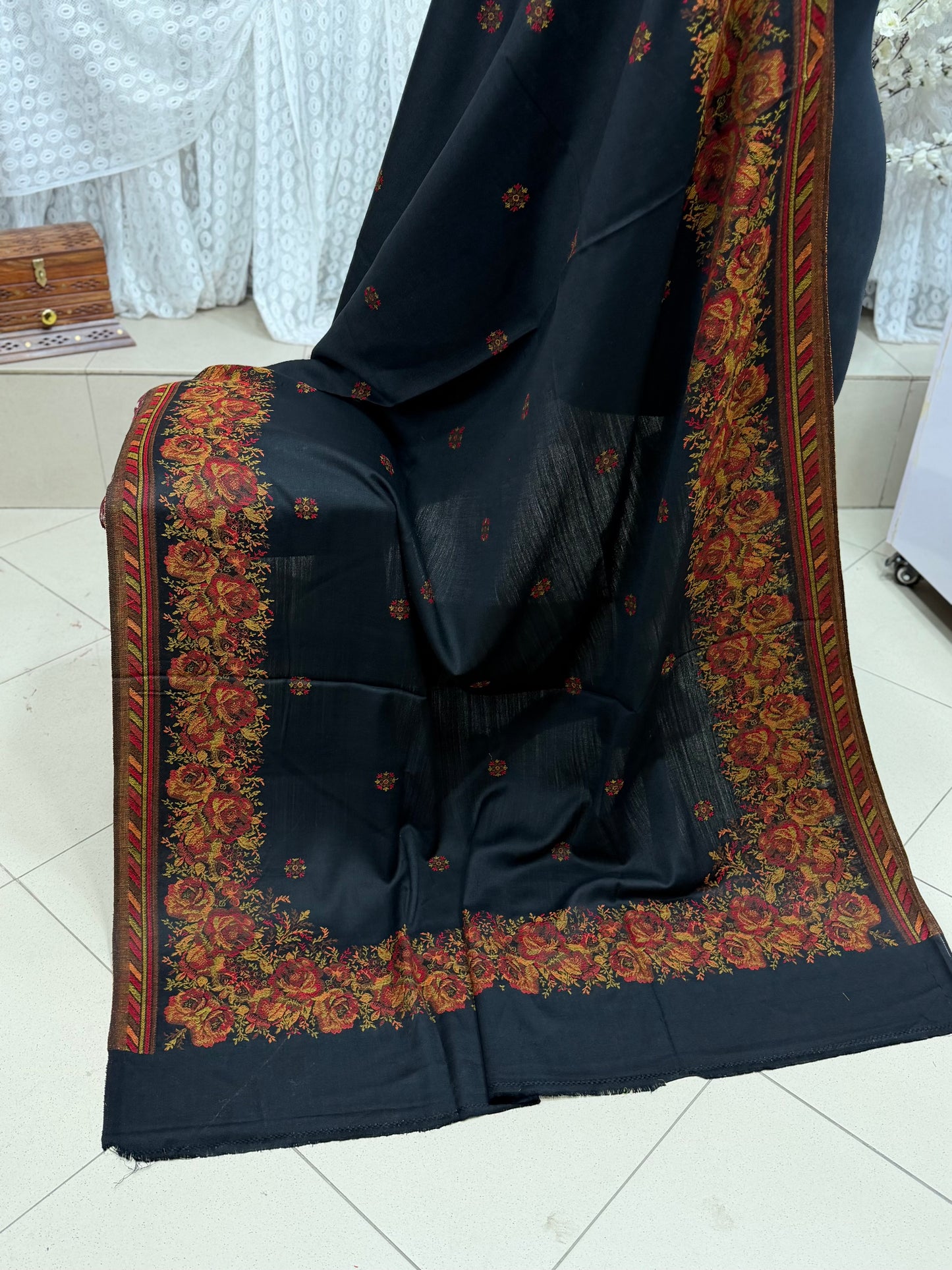 Pashmina Wool Kani Border Shawl in Full Size Gulabkar Border | Black New