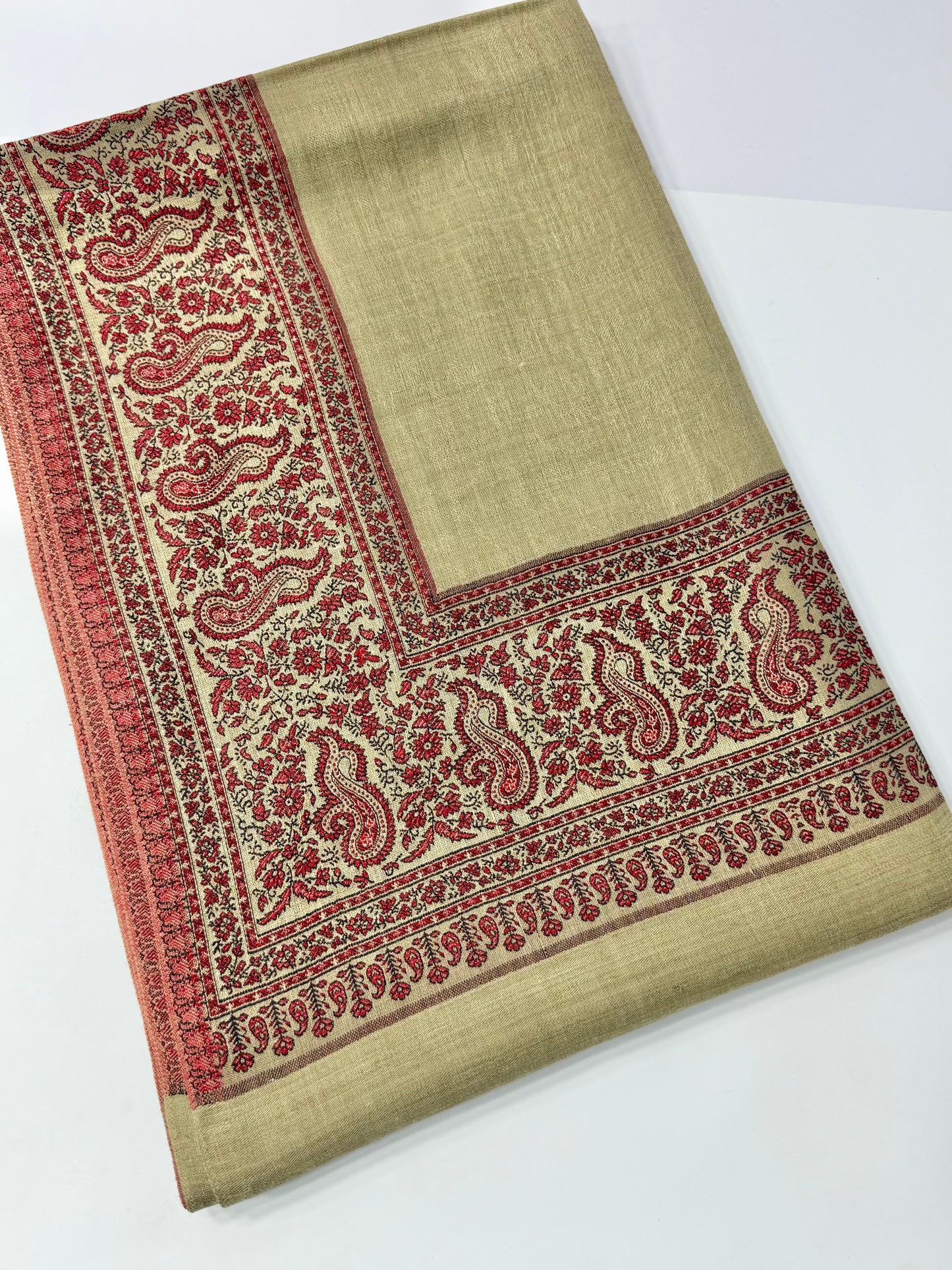 Pashmina Wool Kani Border Shawl in Full Size 4 Side Border | Skin