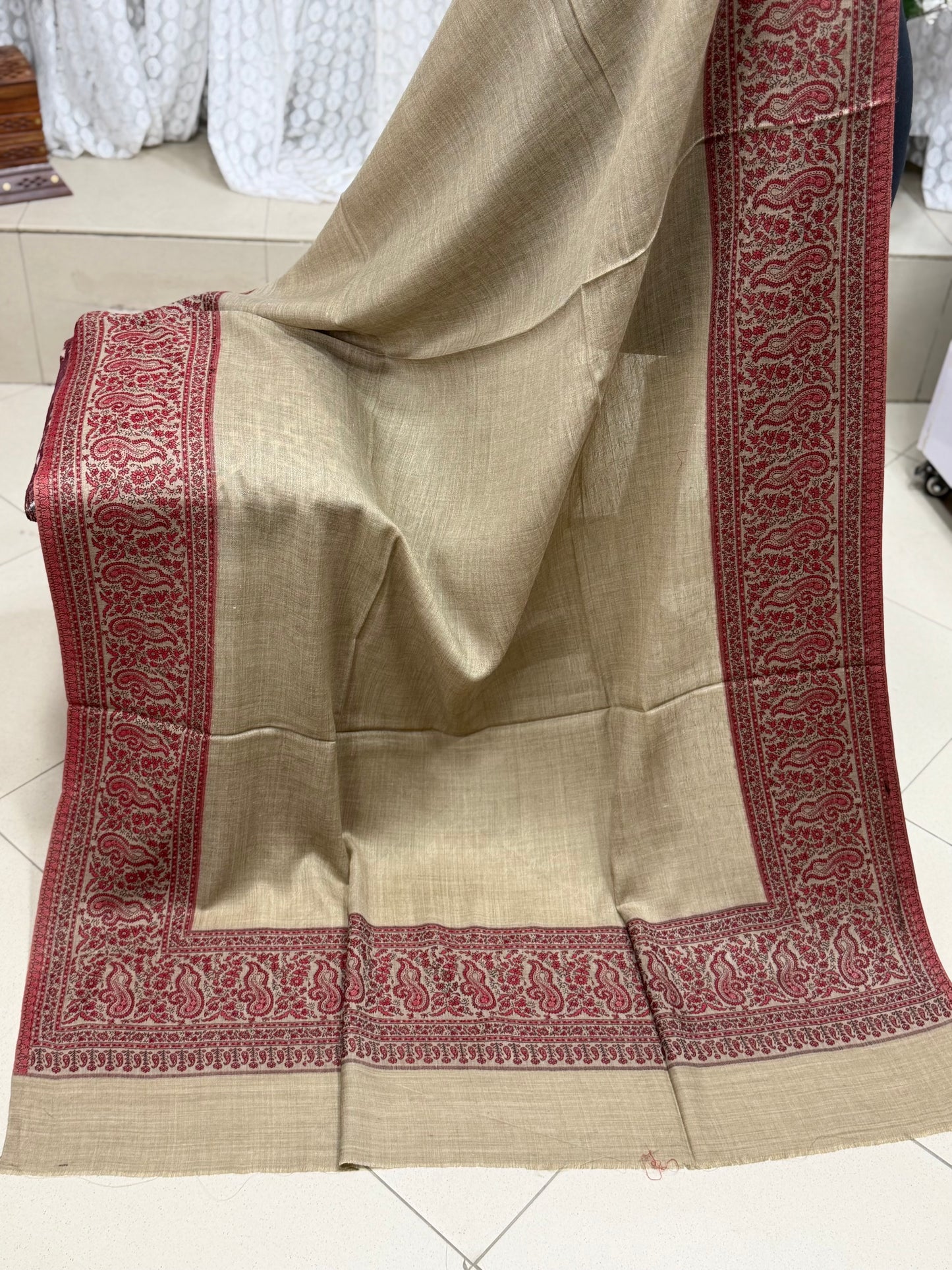 Pashmina Wool Kani Border Shawl in Full Size 4 Side Border | Skin