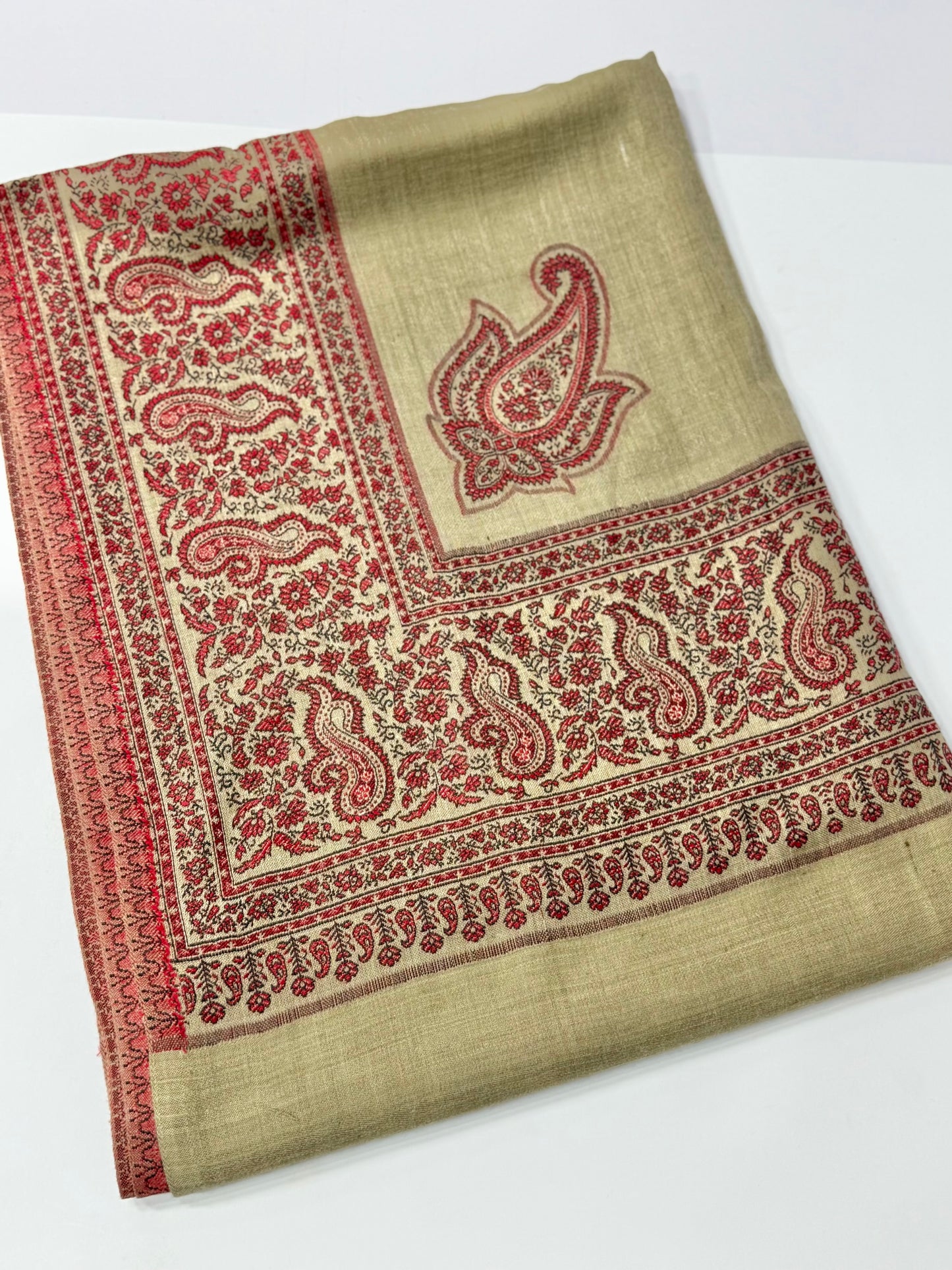 Pashmina Wool Kani Border Shawl in Full Size 4 Side Border | Skin