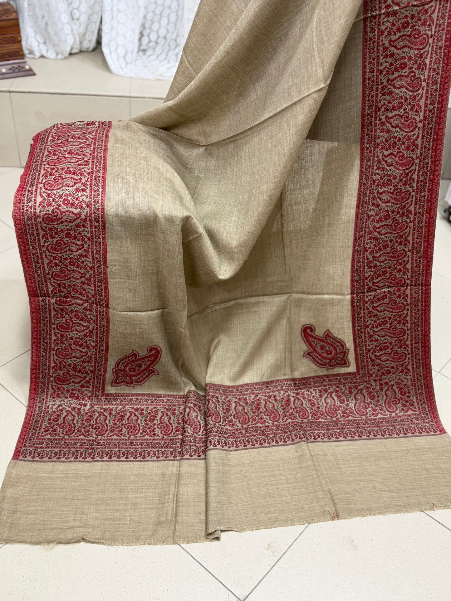 Pashmina Wool Kani Border Shawl in Full Size 4 Side Border | Skin