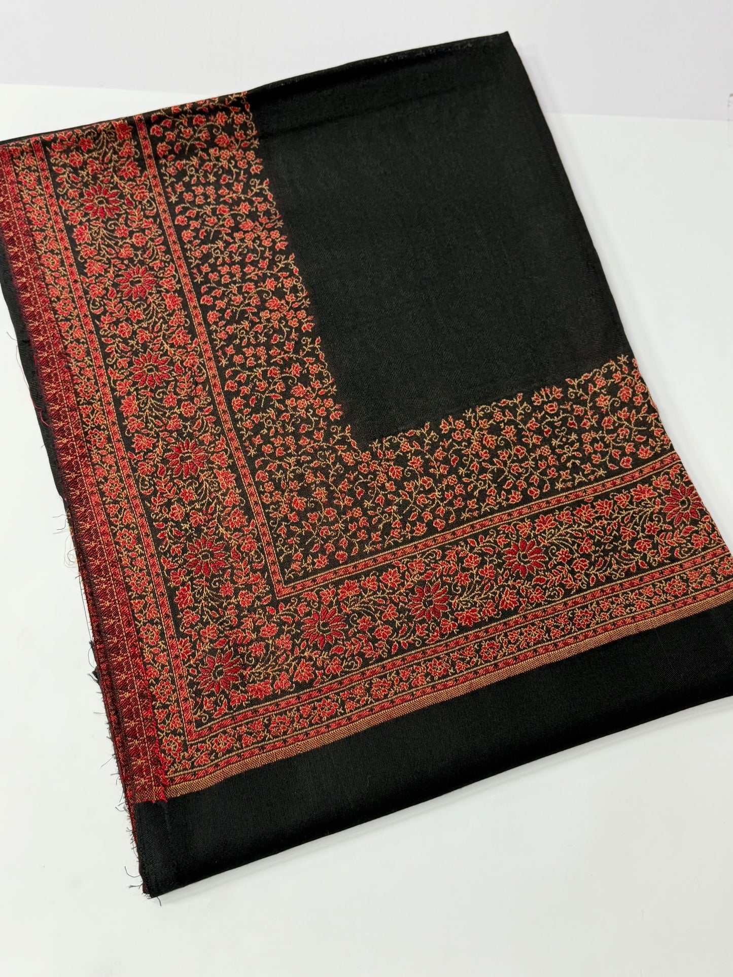 Pashmina Wool Kani Border Shawl in Full Size 4 Side Border | Black