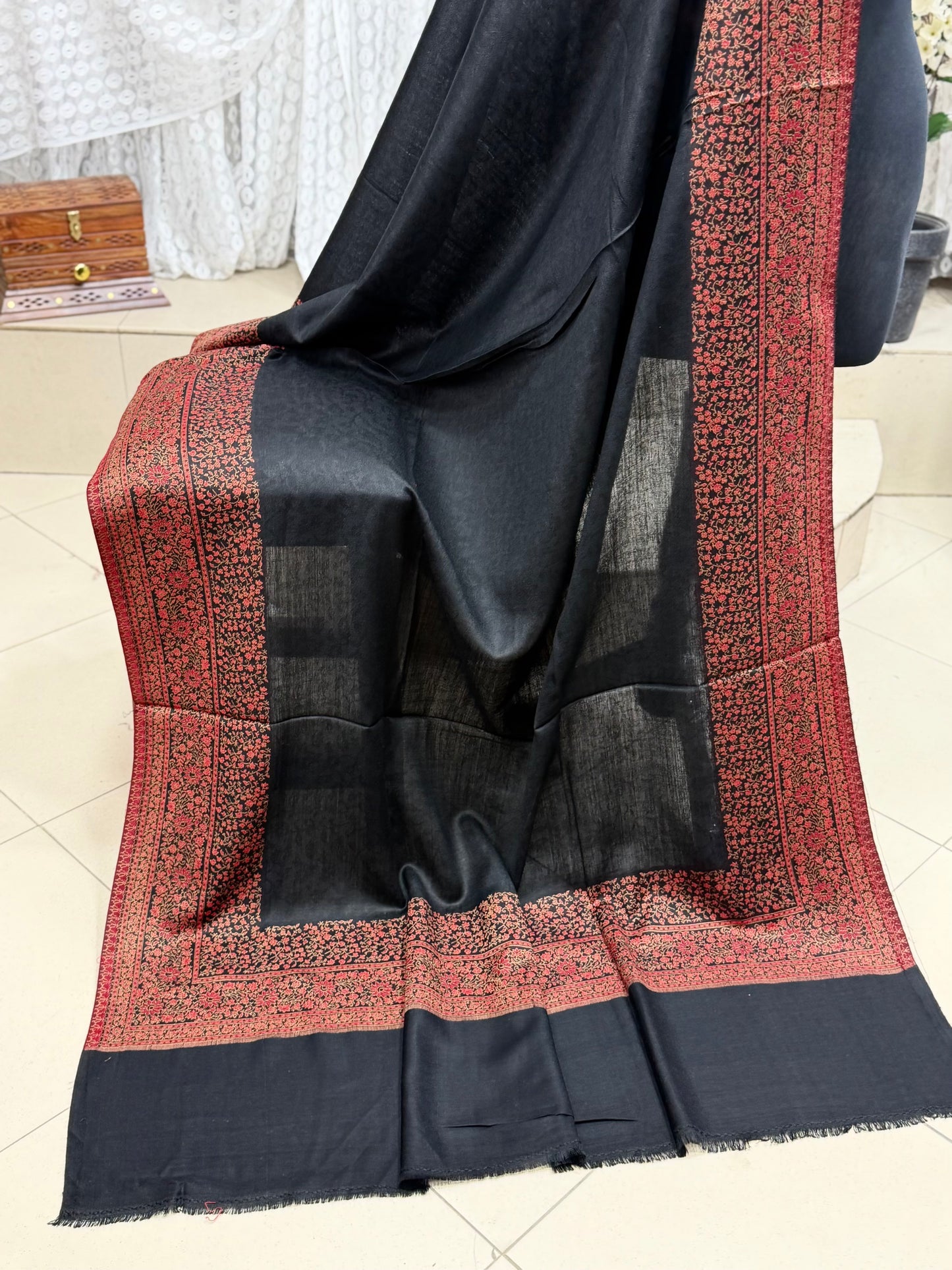 Pashmina Wool Kani Border Shawl in Full Size 4 Side Border | Black