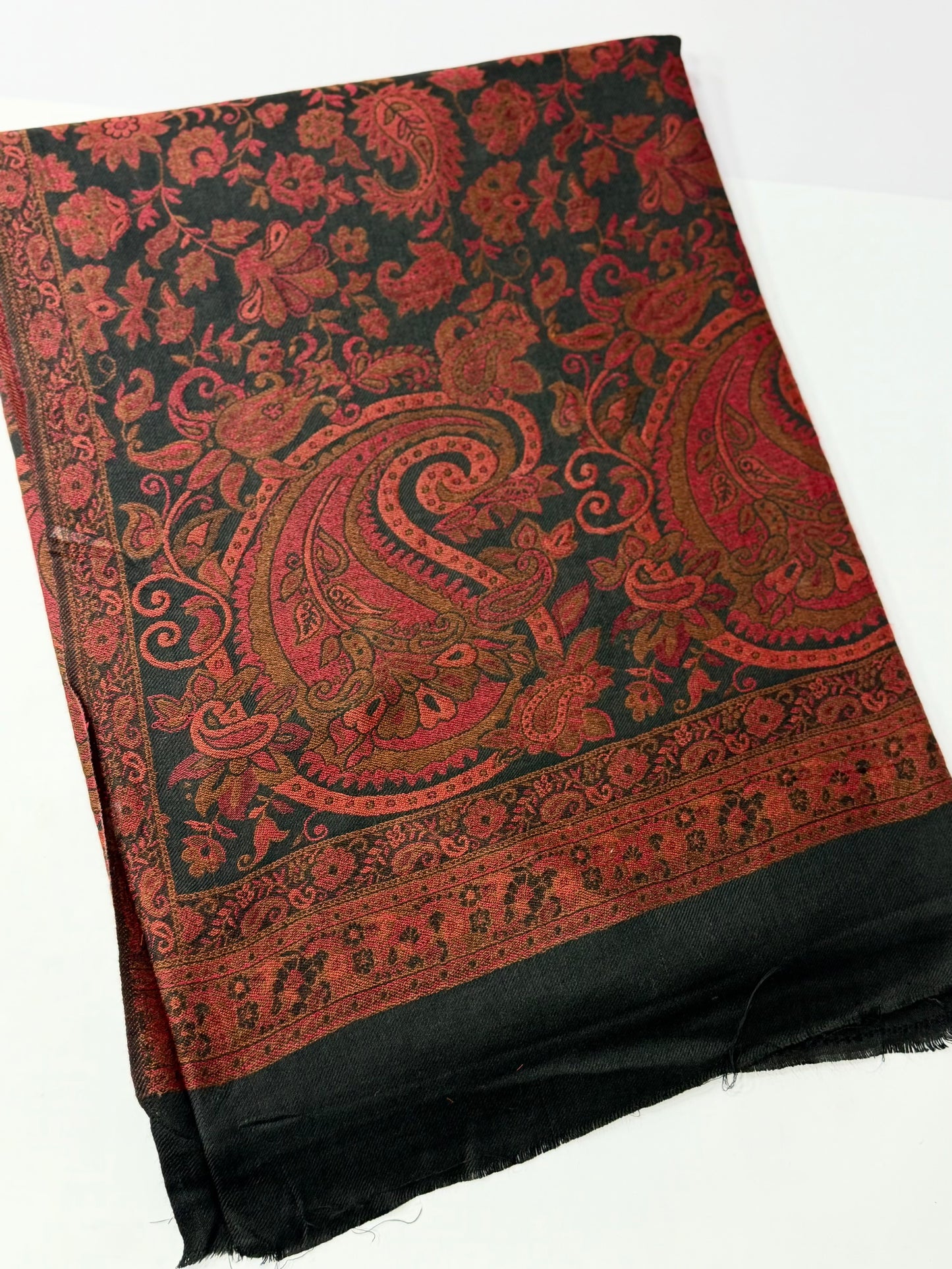 Pashmina Wool Kani Border Shawl in Full Size 4 Side Border | Black
